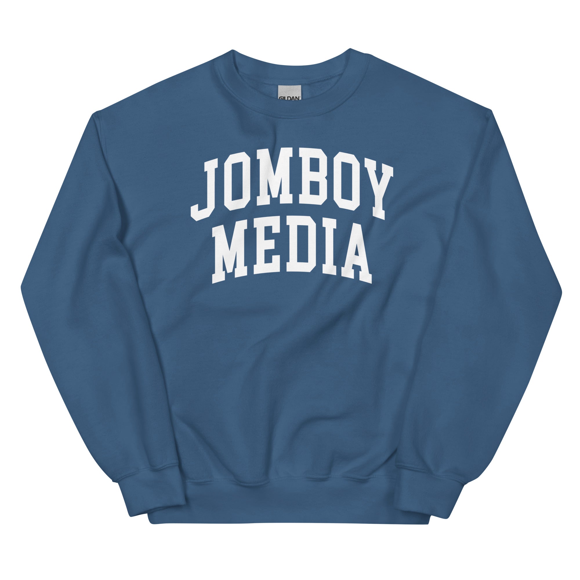Blue sweatshirt with "JOMBOY MEDIA" printed in bold white letters across the front.