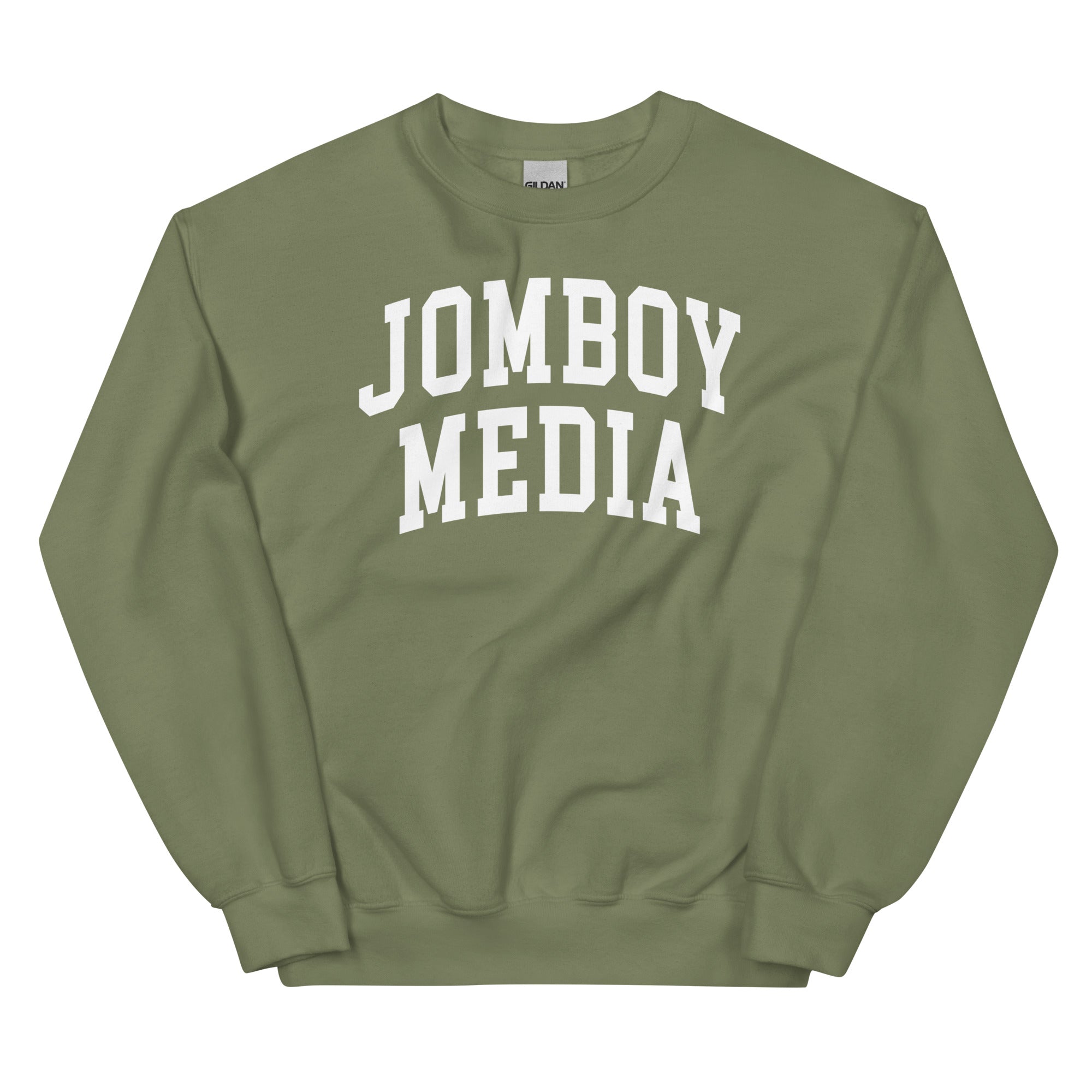 Olive green sweatshirt with bold white "JOMBOY MEDIA" text printed across the front, casual and comfortable style.