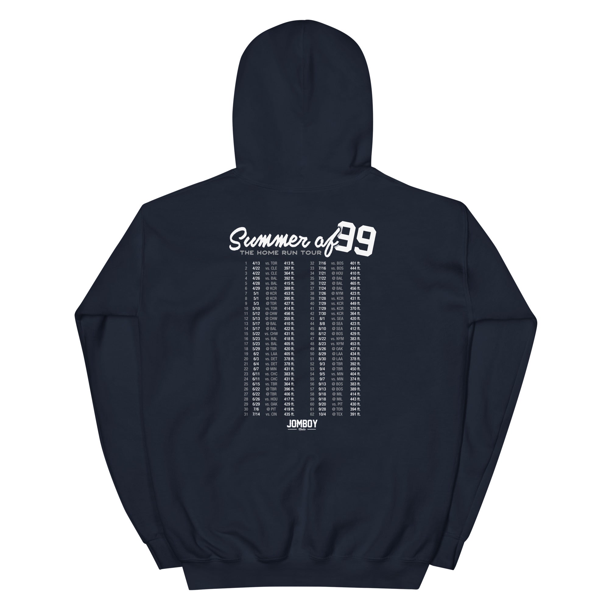 Navy hoodie featuring "Summer of 99" text and a list of game scores on the back, perfect for casual summer wear.