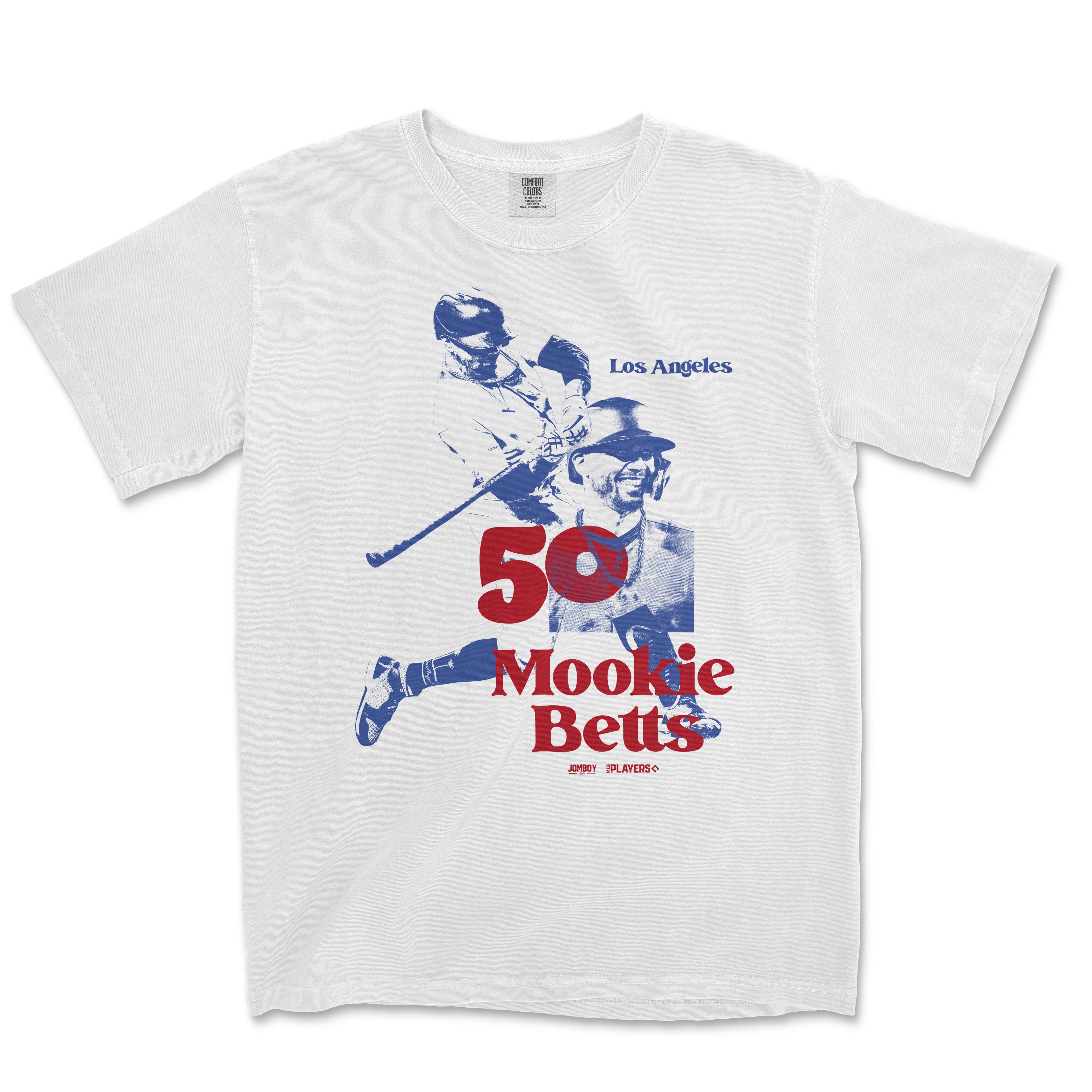 White T-shirt featuring a blue and red graphic of Mookie Betts playing baseball, with "Los Angeles" and "50 Mookie Betts" text.