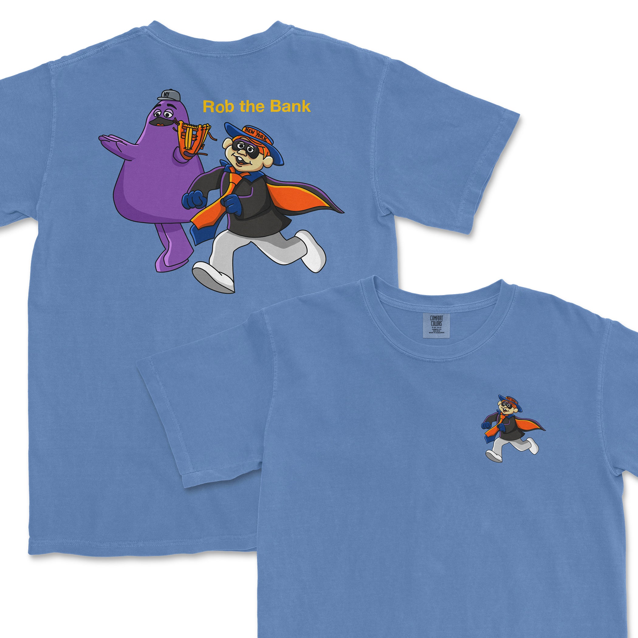 Blue T-shirt featuring cartoon characters dressed as robbers, with "Rob the Bank" text on the back.