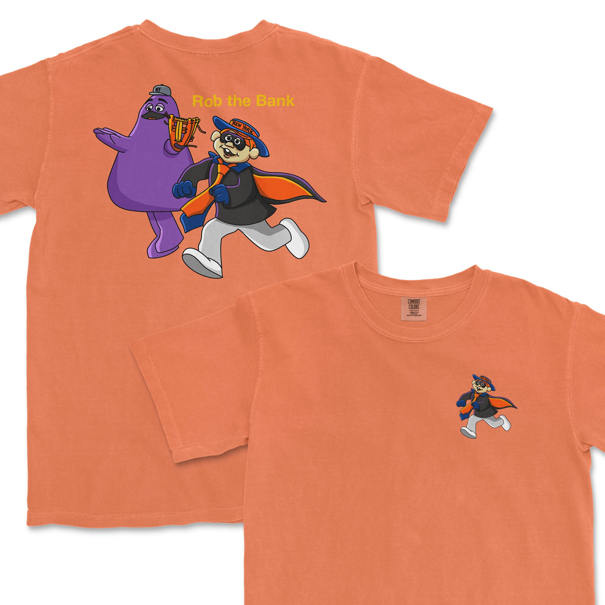 Orange T-shirts featuring cartoon characters, one with a large purple figure holding a money bag and the text "Rob the Bank.