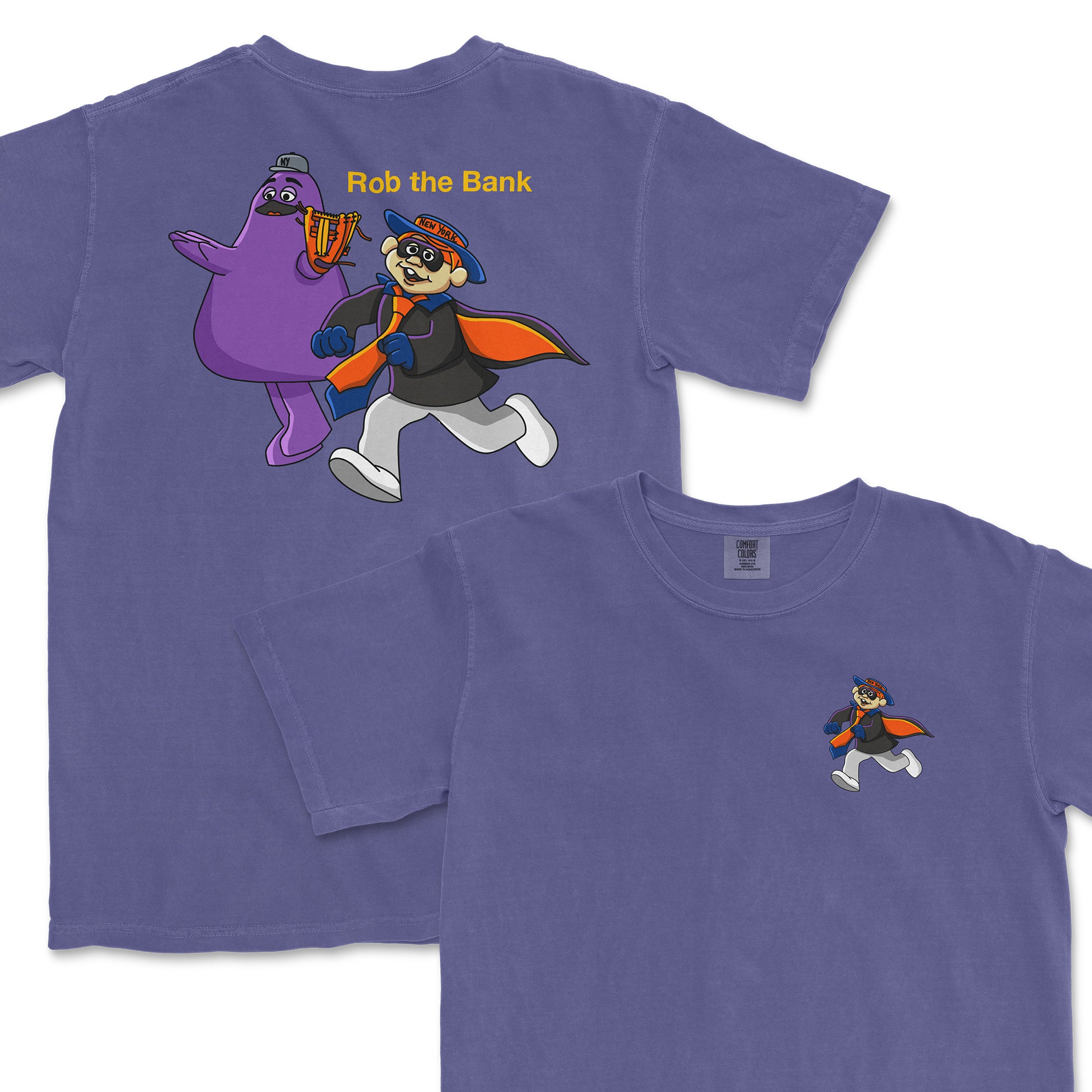 Purple T-shirt featuring cartoon characters, one dressed as a bank robber with a cape, and the text "Rob the Bank" printed above.
