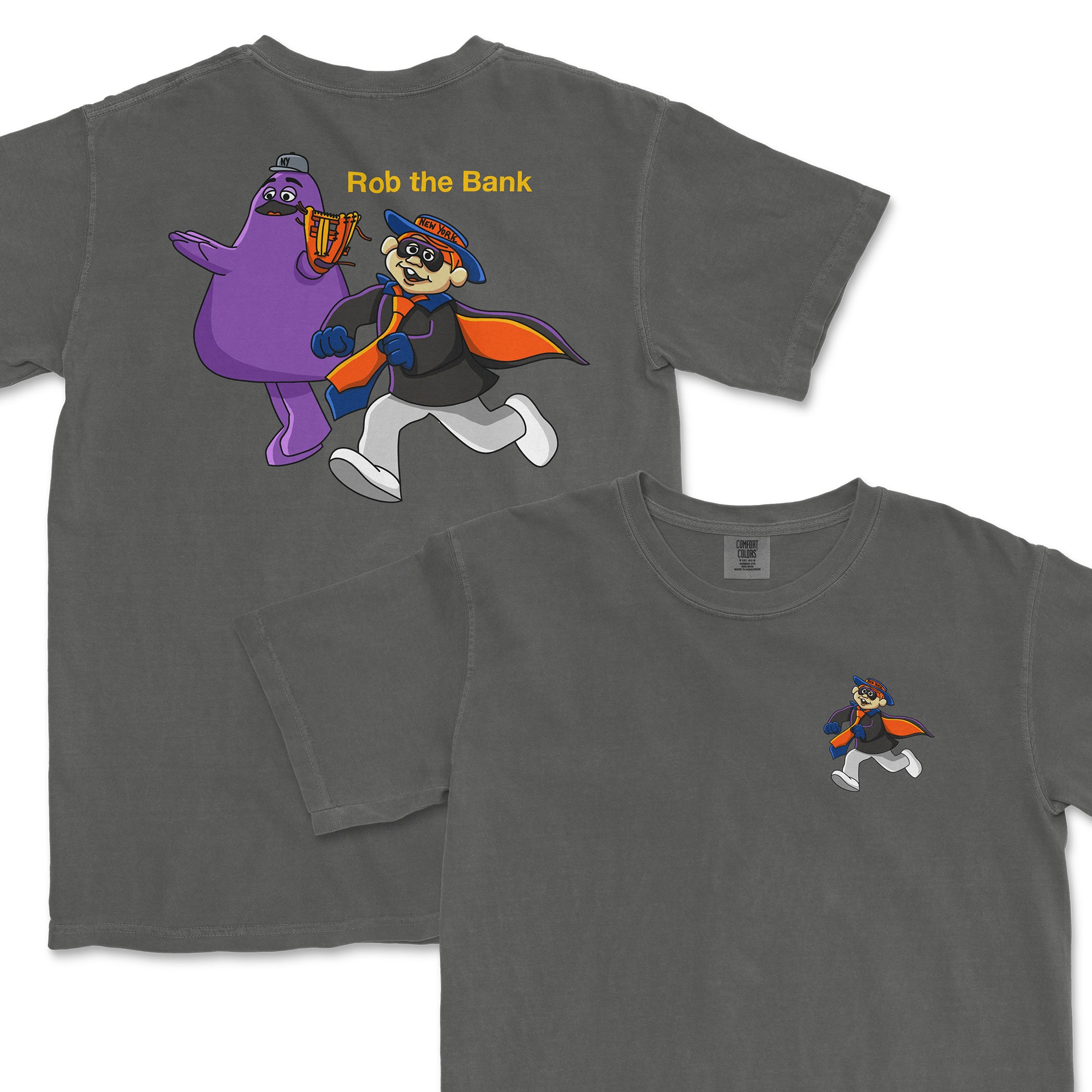 Gray T-shirt featuring a cartoon raccoon dressed as a thief with a cape, holding a bag of money, and the text "Rob the Bank" on the back.