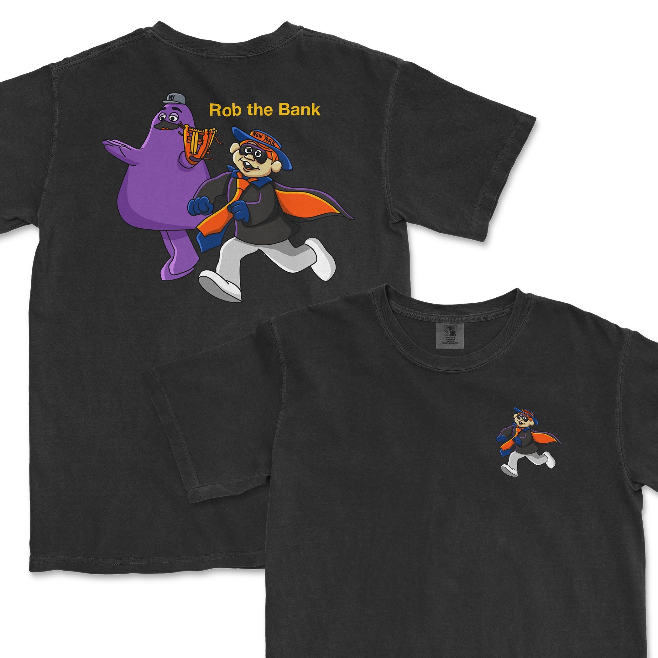 Black T-shirt featuring a small graphic of a cartoon raccoon dressed as a thief with a cape, and a larger back print of the raccoon and a purple monster with the text "Rob the Bank.