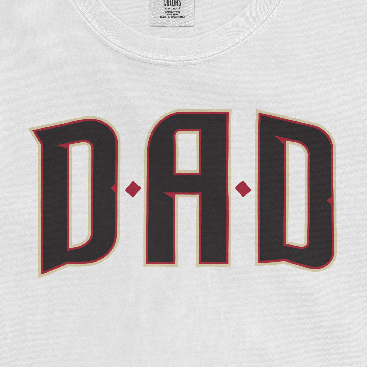 Arizona Baseball Dad Comfort Colors T-shirt with bold black and red outlined "DAD" text on a white background.