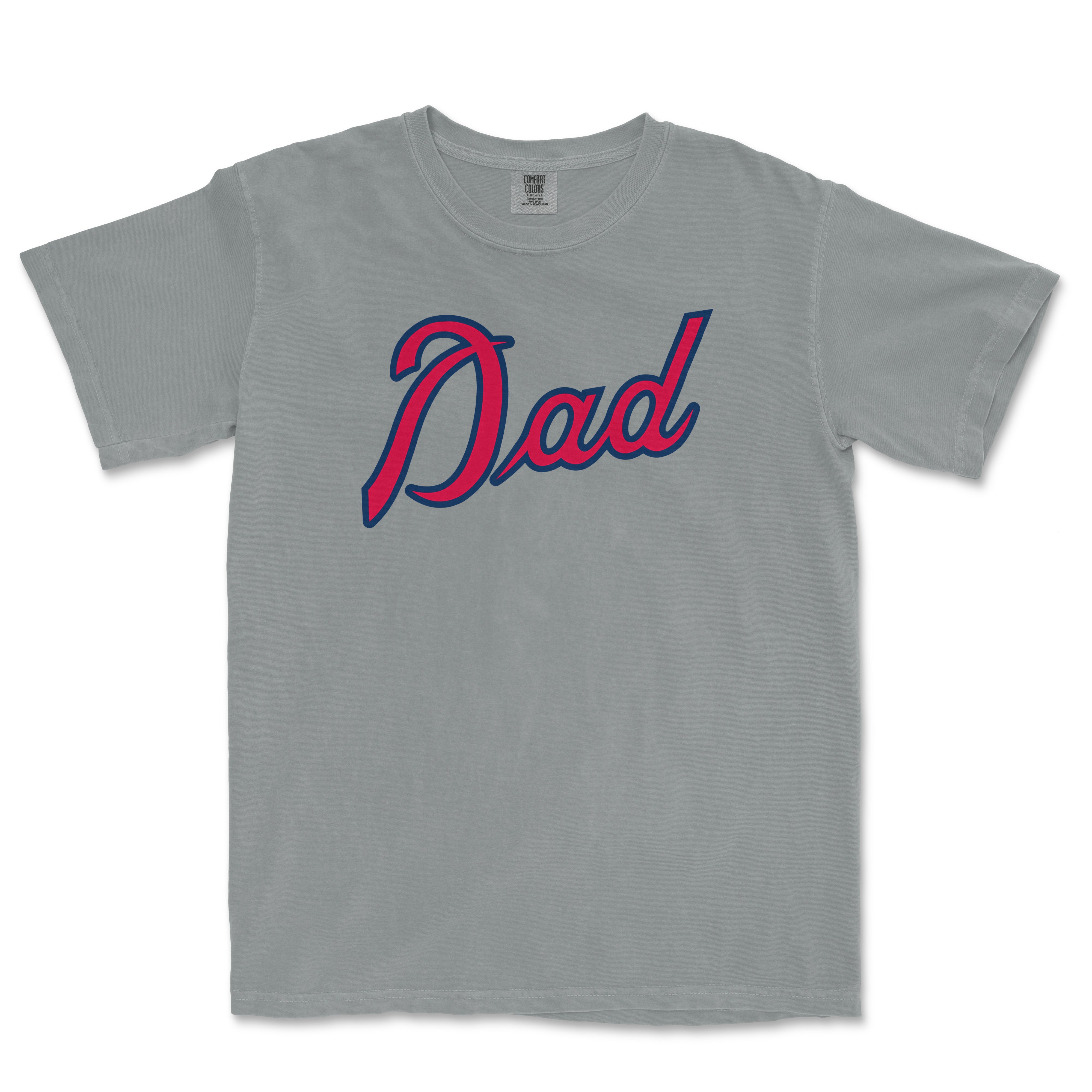 Comfort Colors tee shirt with "Dad" written in navy and red script, designed for Atlanta baseball dads.