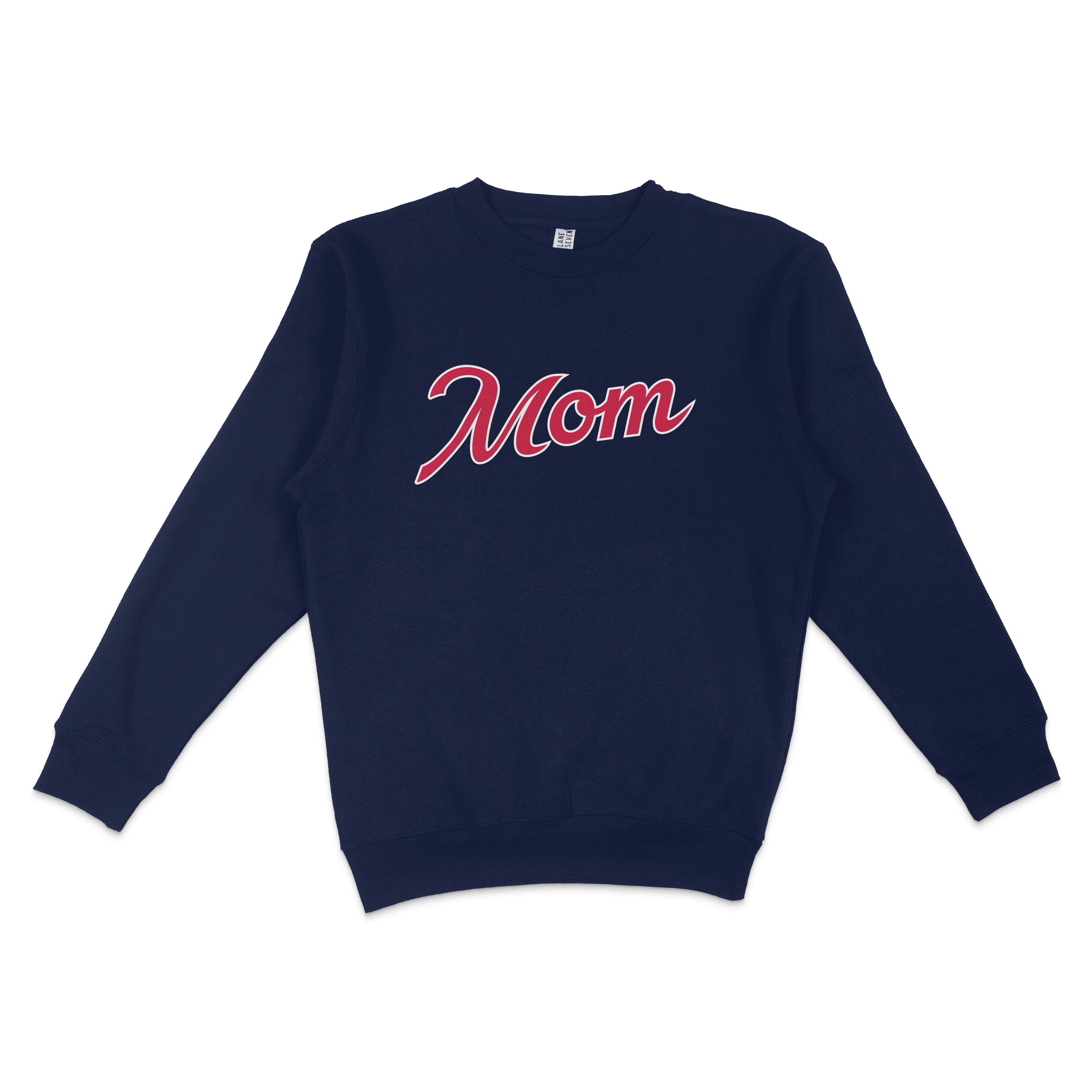 Navy crewneck sweatshirt with "Mom" written in red and white cursive lettering, designed for Atlanta baseball moms.