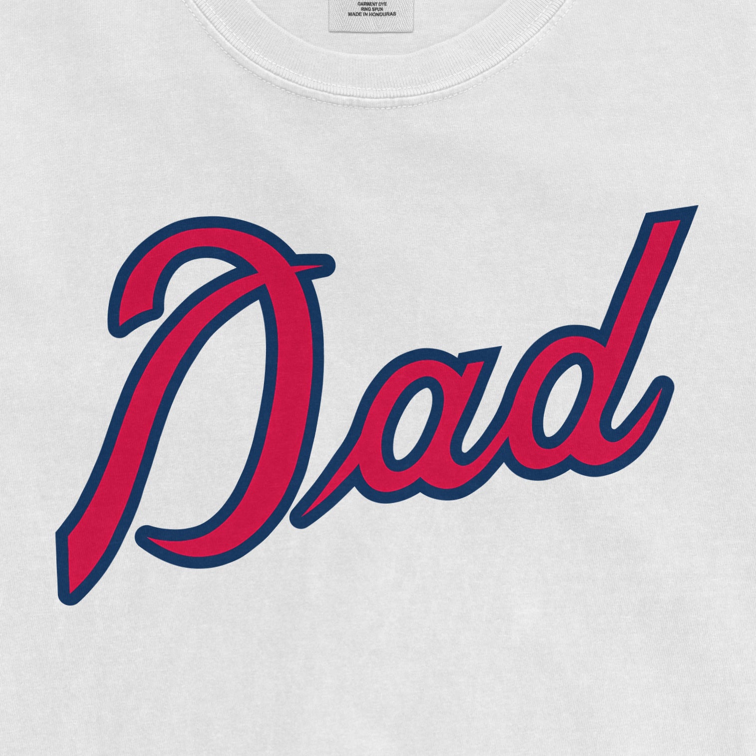 Comfort Colors tee with "Atlanta Baseball Dad" text in red and navy script on a light background.
