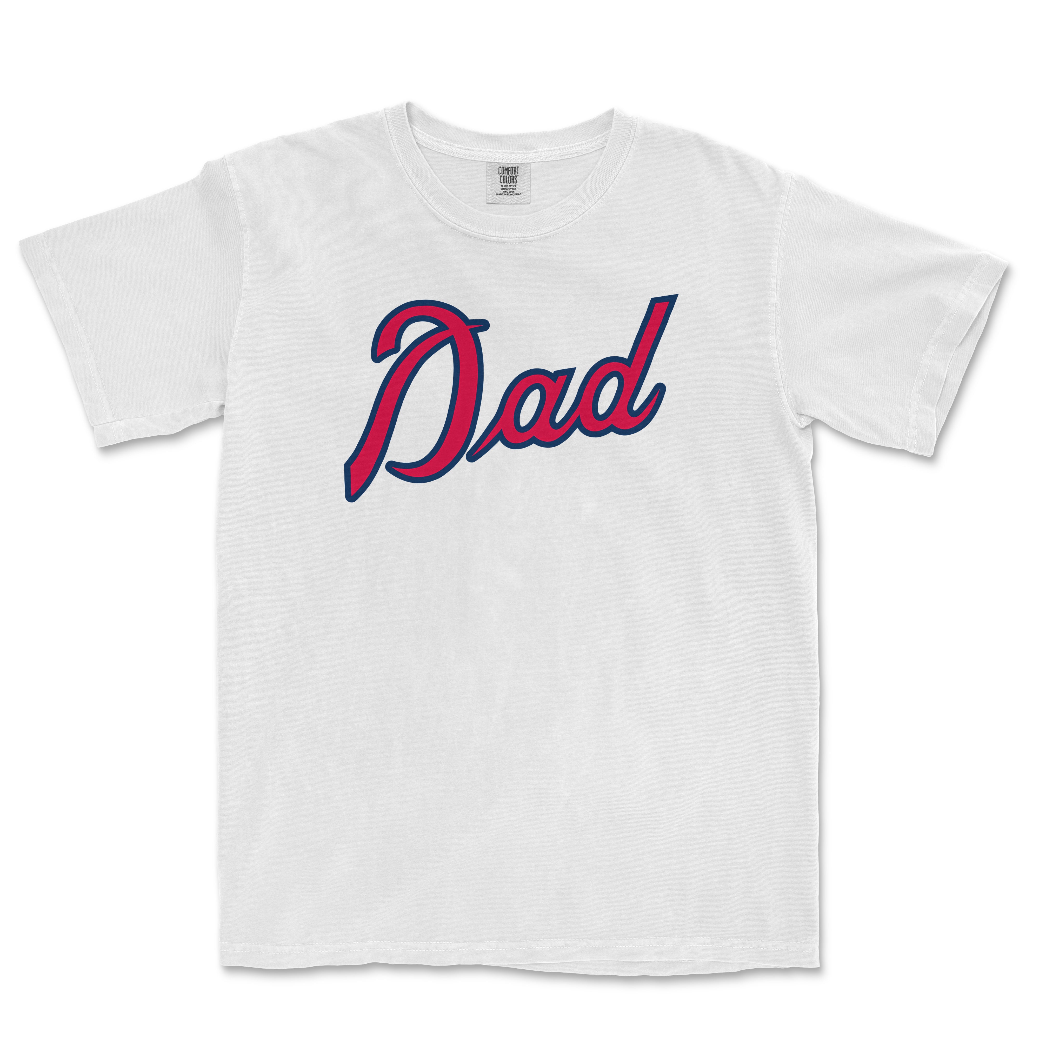 White Comfort Colors T-shirt with "Dad" written in large, cursive navy and red font, designed for Atlanta baseball dads.