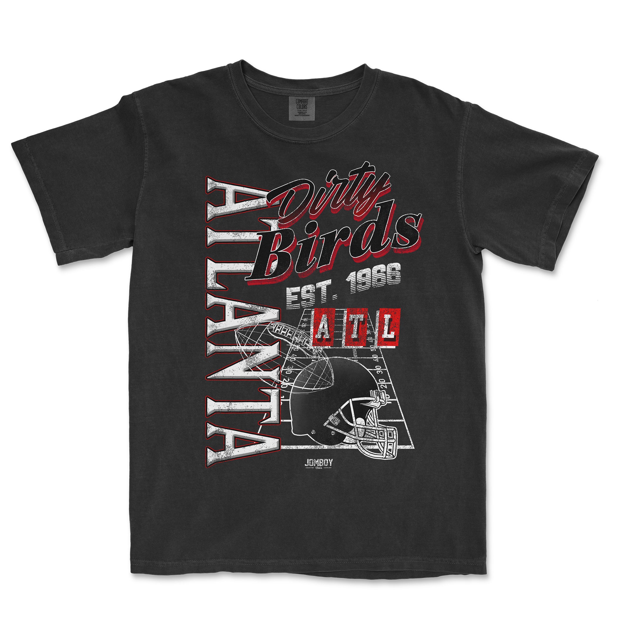 Black T-shirt featuring a vintage-style graphic design with "Dirty Birds," "Atlanta," and football imagery in red, white, and black.