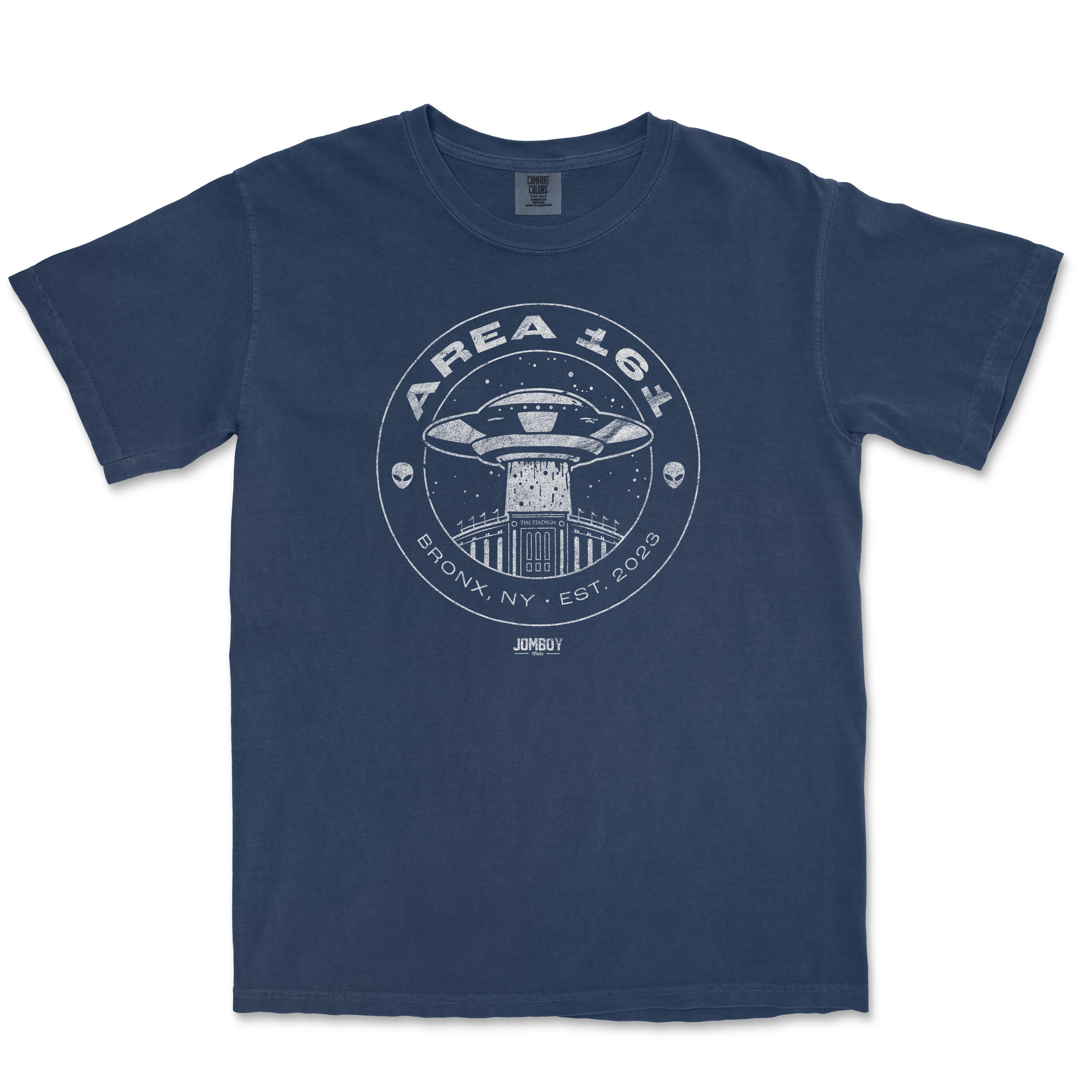 Blue T-shirt featuring a circular graphic design with a UFO, the text "AREA 161," "Bronx, NY," "Est. 2023," and an alien head icon.