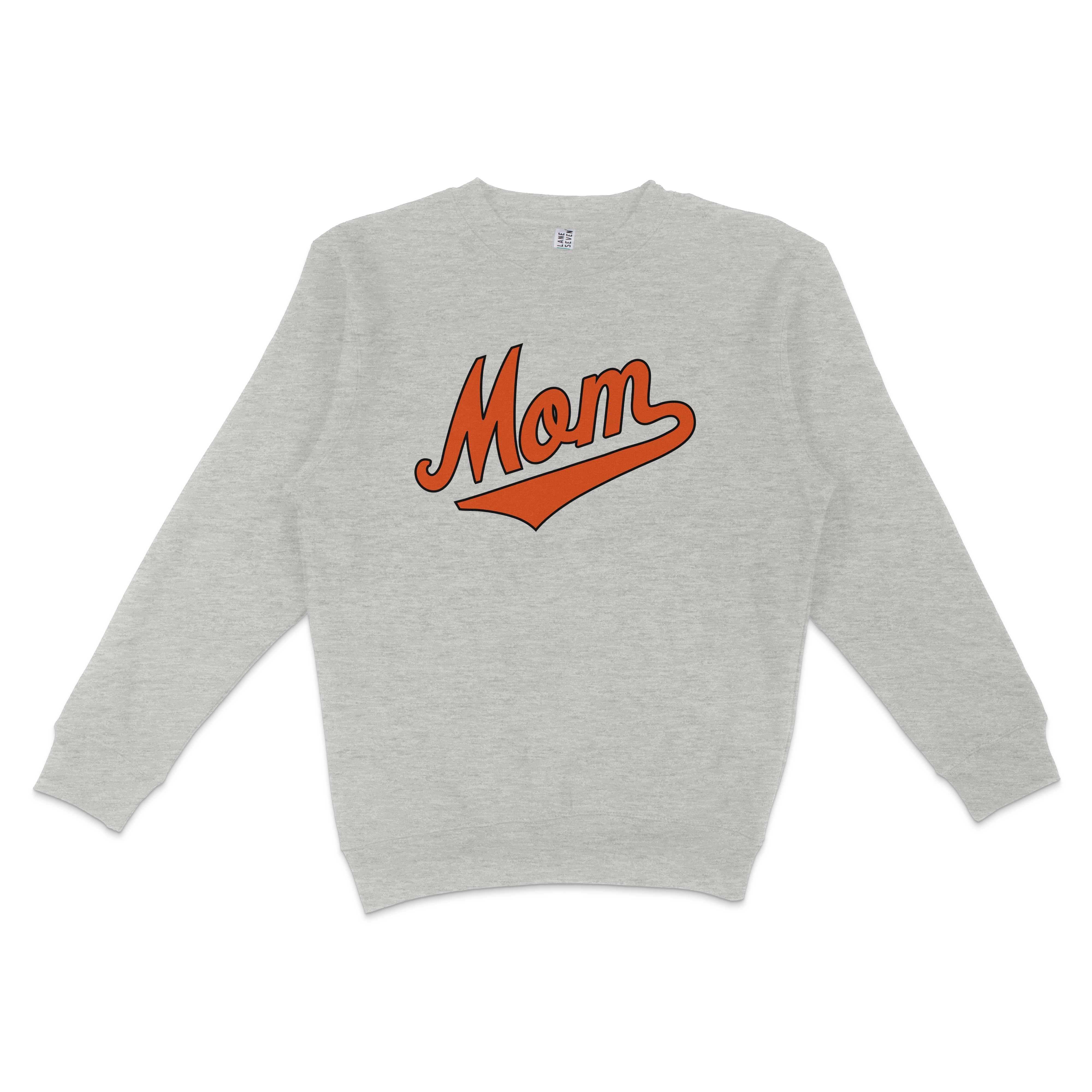 Gray crewneck sweatshirt with "Mom" in bold orange and black lettering, celebrating Baltimore baseball moms.