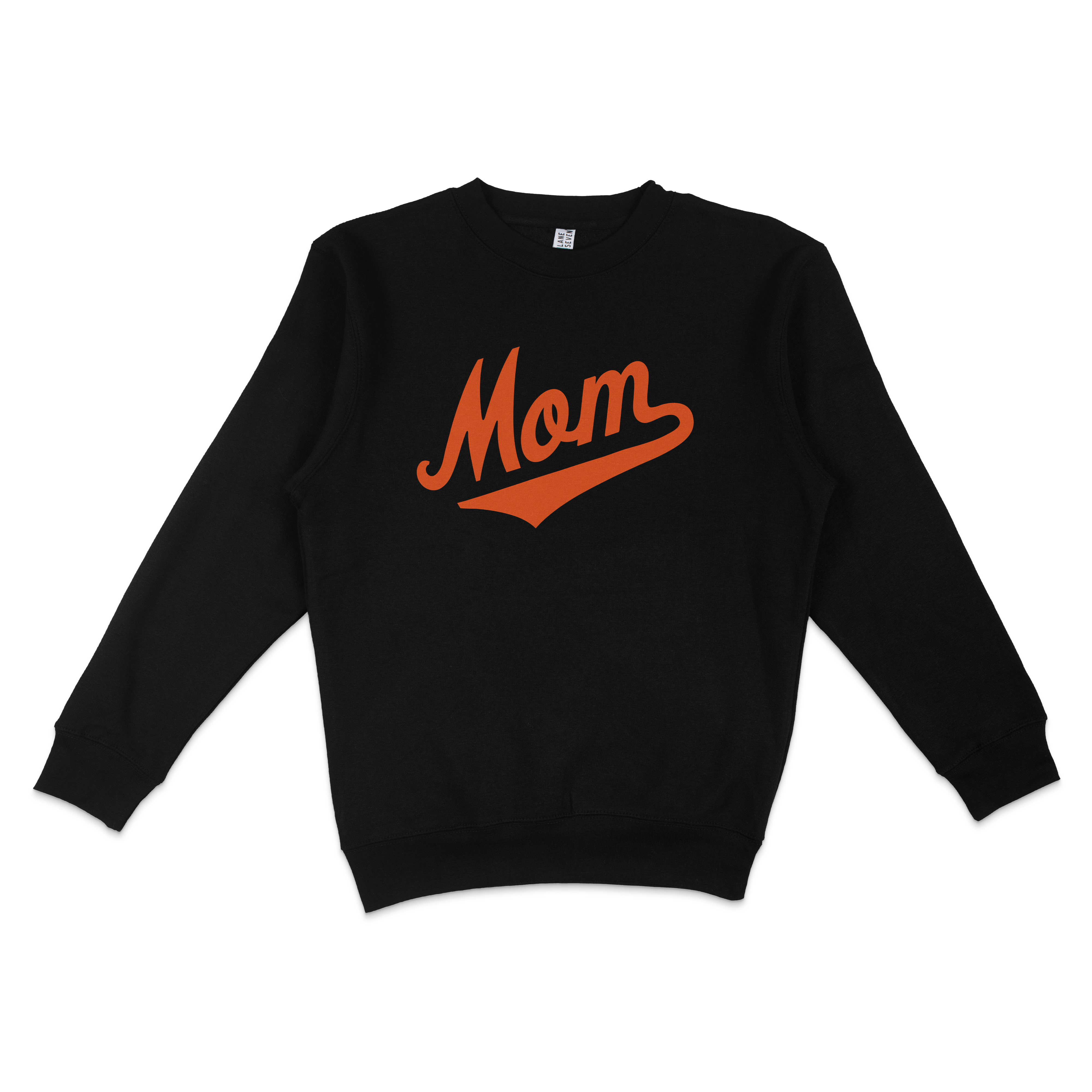 Black crewneck sweatshirt with orange "Mom" text and swoosh design, perfect for Baltimore baseball moms.