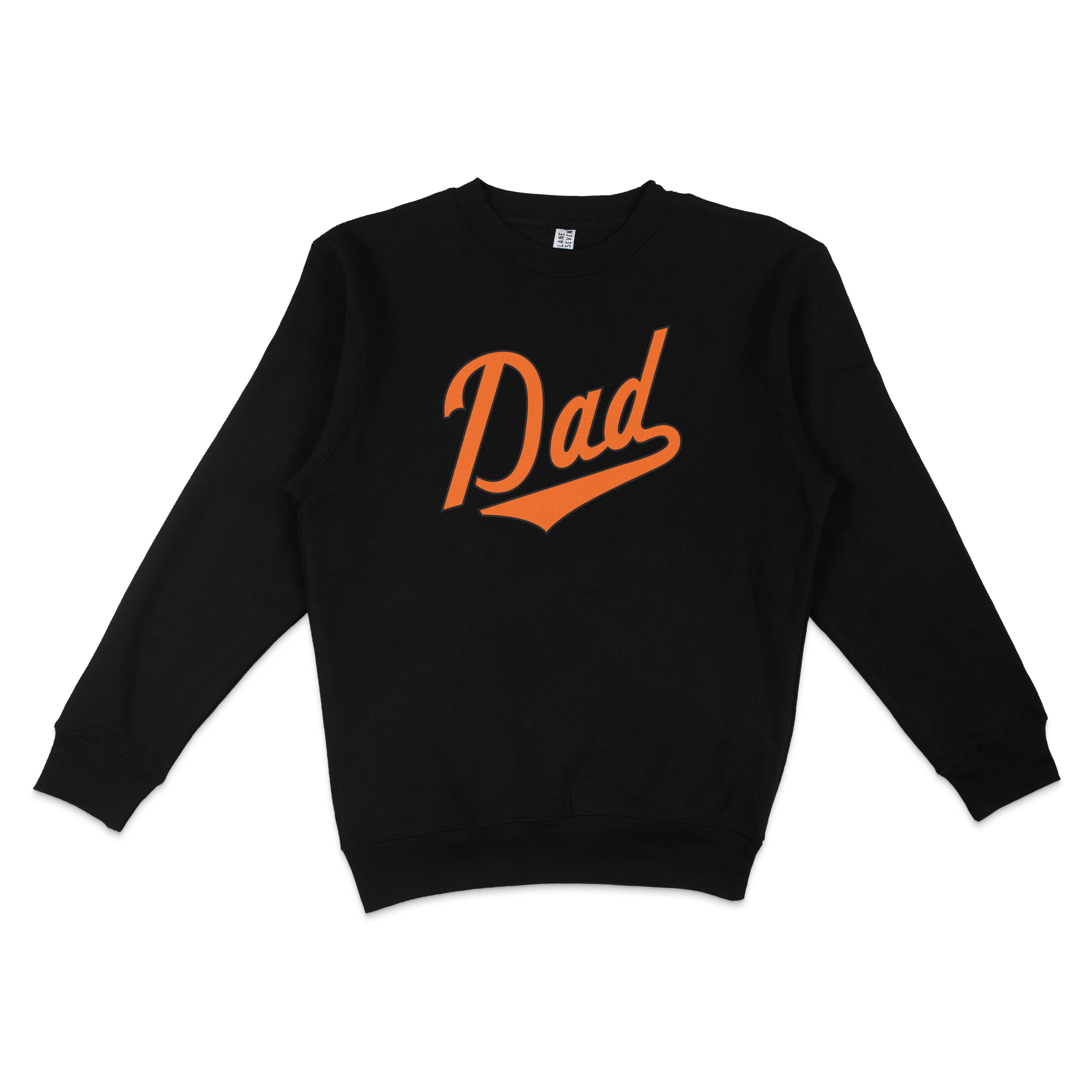 Black crewneck sweatshirt with orange "Dad" text and underline, designed for Baltimore baseball dads.