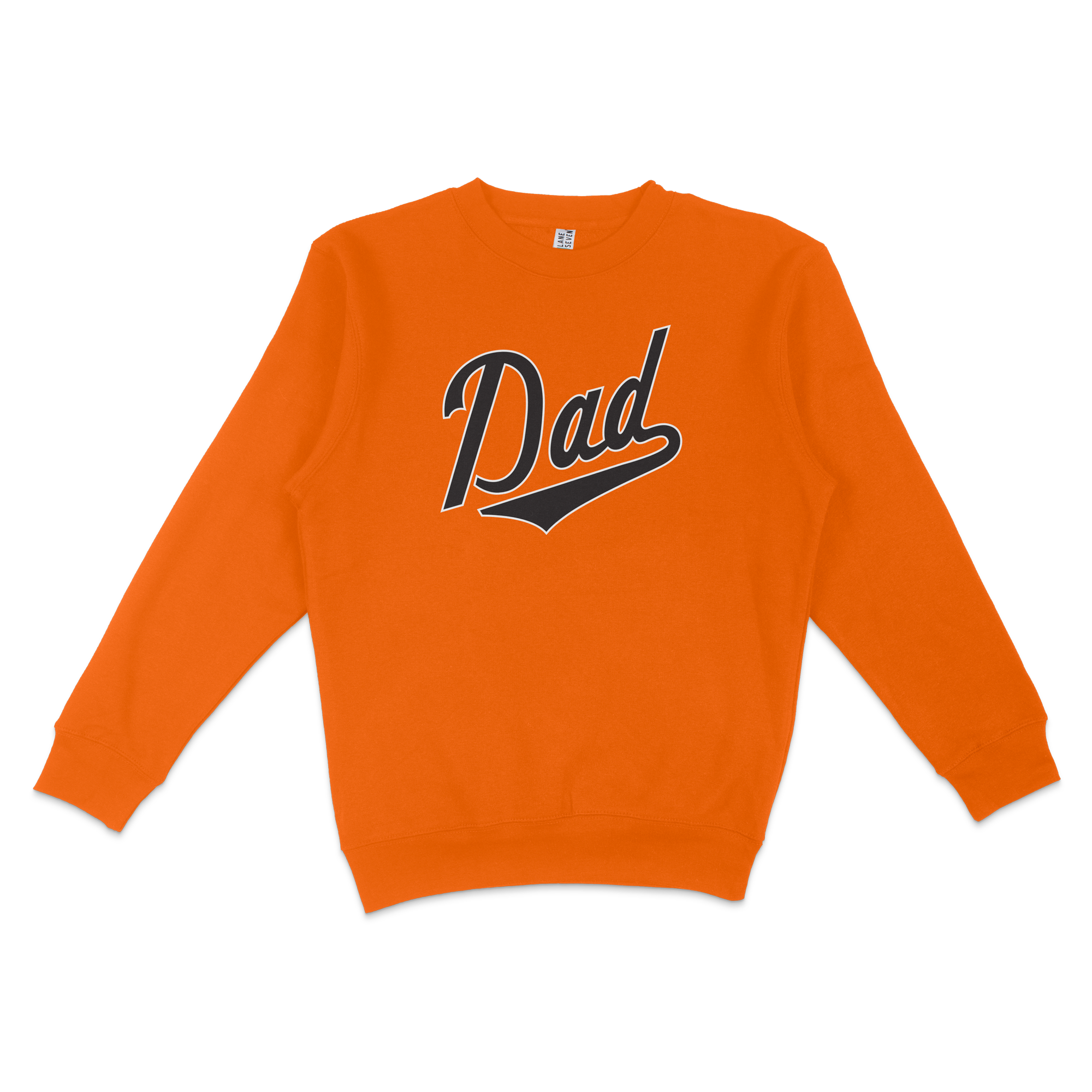 Orange crewneck sweatshirt with "Dad" in bold black and white script, perfect for Baltimore baseball dads.