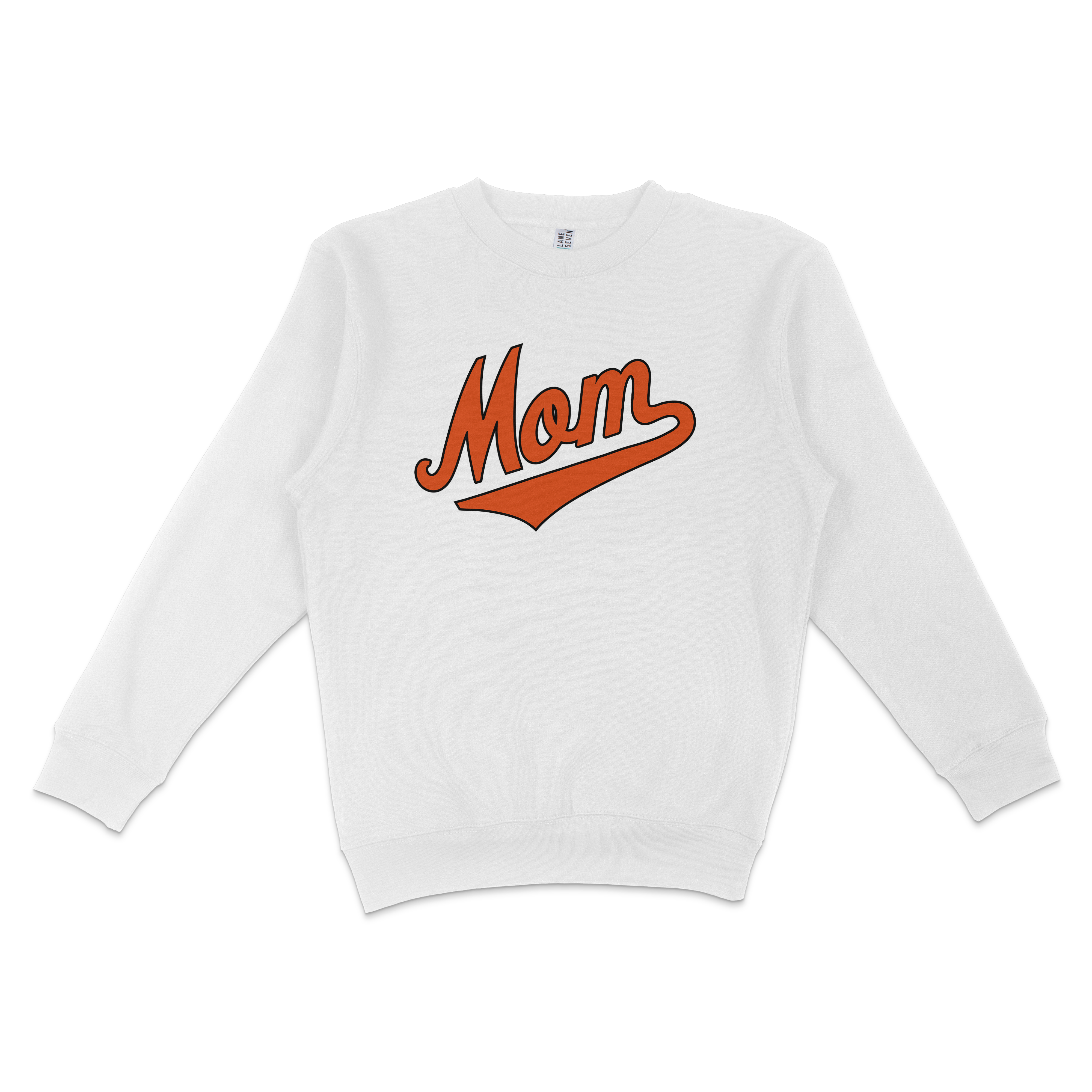 White crewneck sweatshirt with "Mom" in bold, orange, stylized text on the front, designed for Baltimore baseball moms.