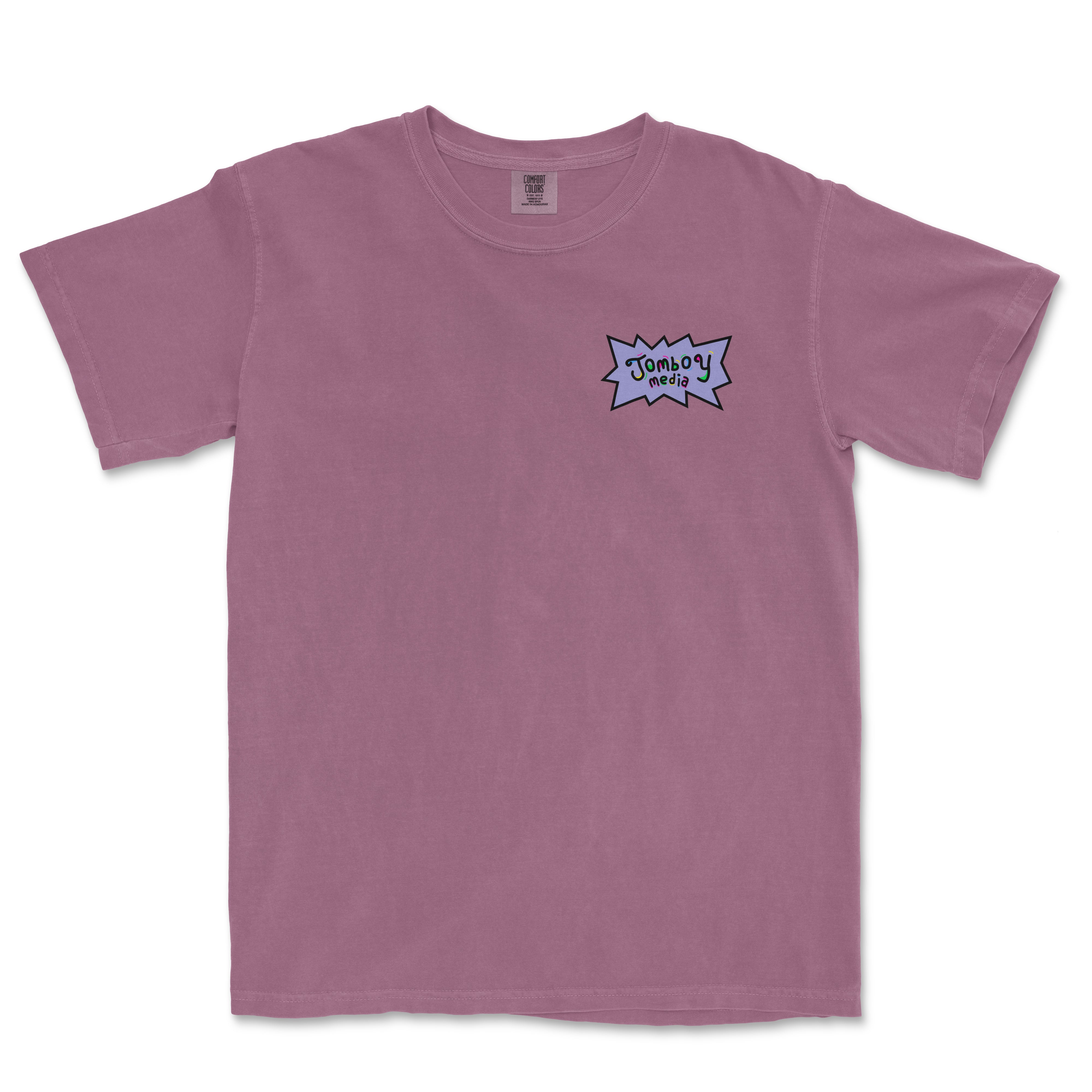 Comfort Colors tee with "Jumboy Media" logo in colorful, comic-style speech bubble on the chest.