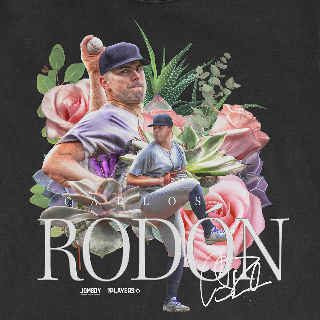 A promotional image featuring Carlos Rodón in a Comfort Colors tee, with floral and baseball elements, and his autograph.