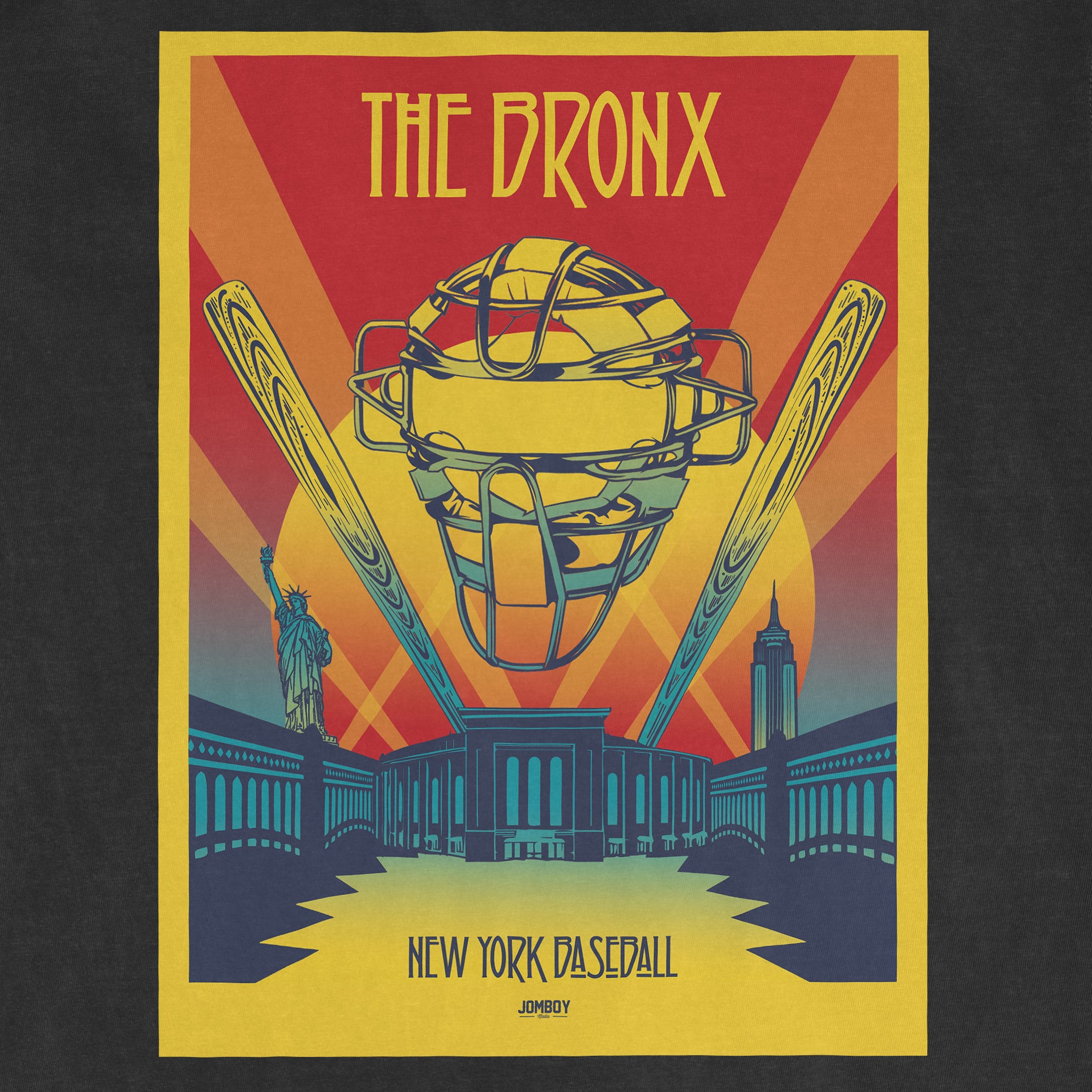 Colorful vintage-style poster featuring a baseball helmet with "Whole Lotta Love" text, NYC landmarks, and a bold "The Bronx" title.