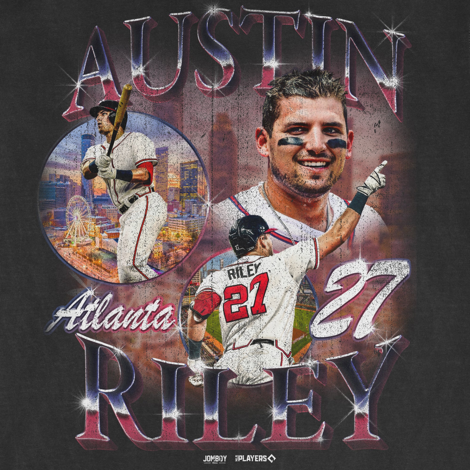 Austin Riley in a Comfort Colors tee featuring a collage of images, including a cityscape, baseball action, and his portrait.
