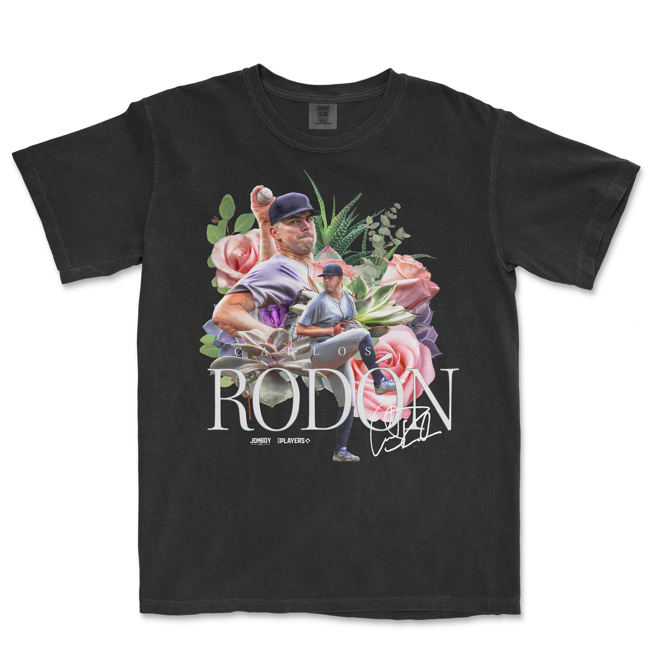 Black Comfort Colors T-shirt featuring a graphic of Carlos Rodón pitching, surrounded by flowers and his autograph.