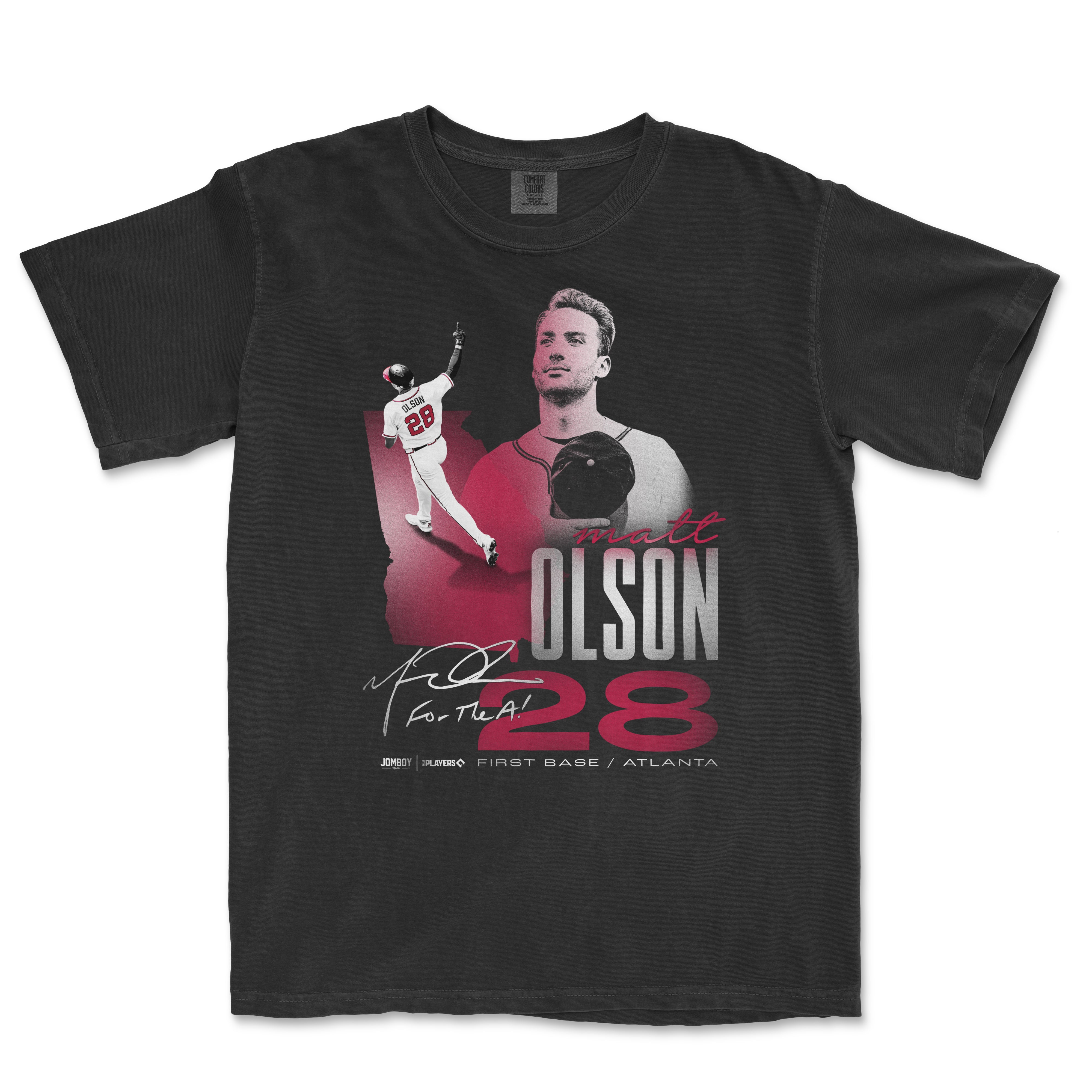 Black Comfort Colors tee featuring Matt Olson's signature, a large image of him, and baseball-themed graphics in pink and gray.