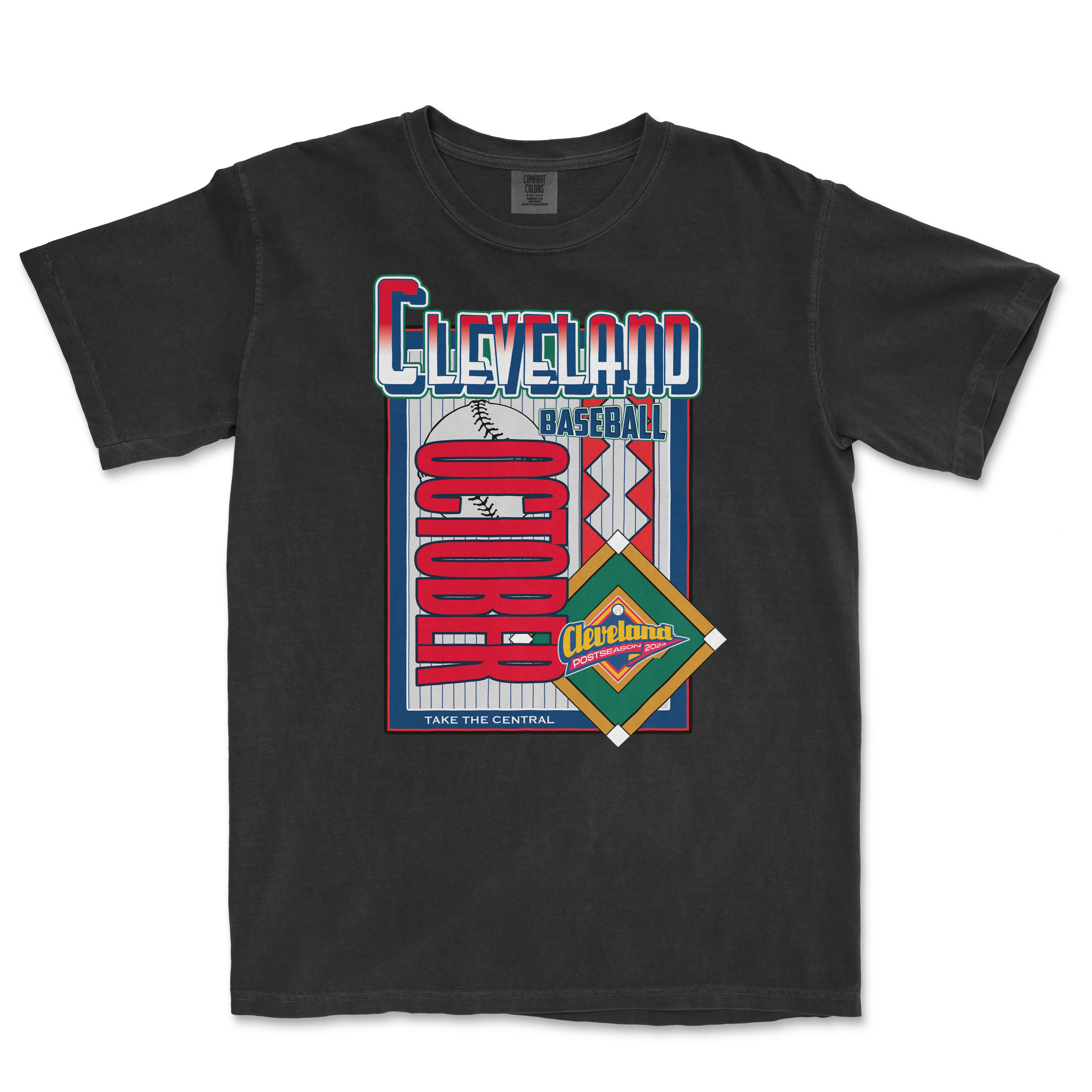 Black Comfort Colors T-shirt featuring colorful Cleveland baseball-themed graphics, including a baseball, diamond, and postseason badge.