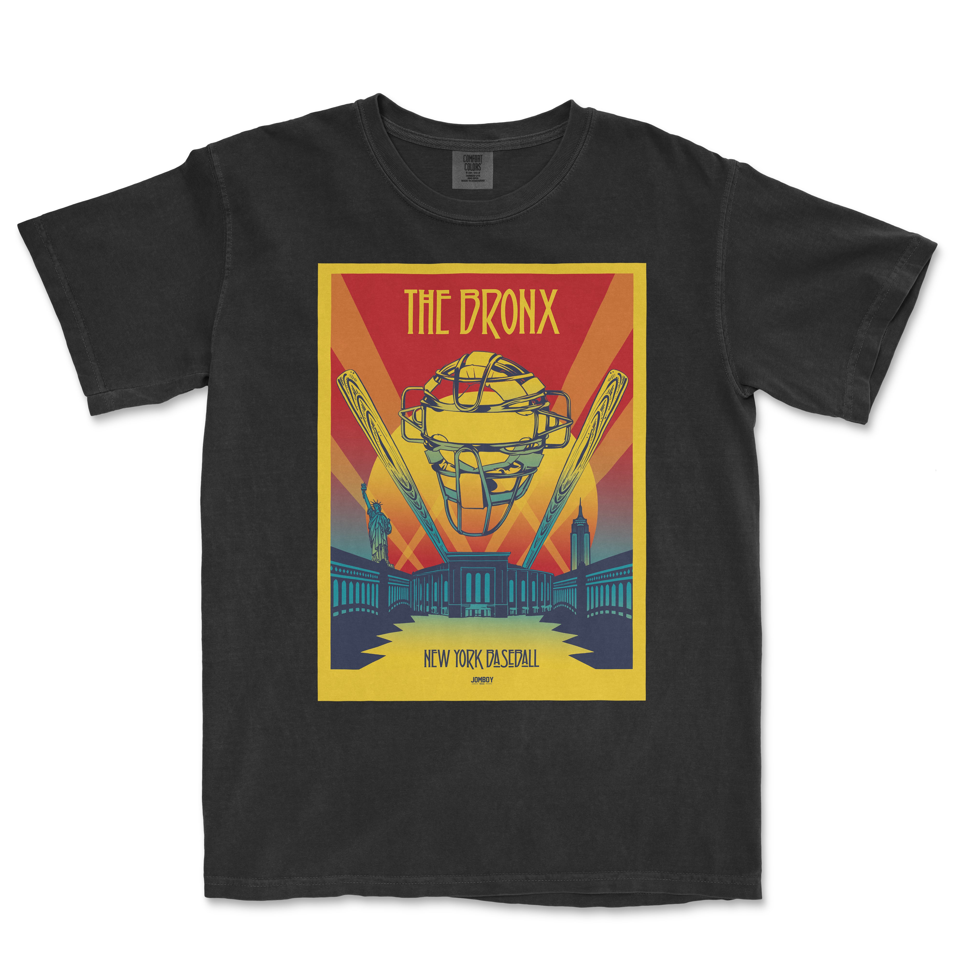 Black T-shirt featuring a colorful graphic design of a baseball helmet with "The Bronx" text, New York City landmarks, and baseball bats.