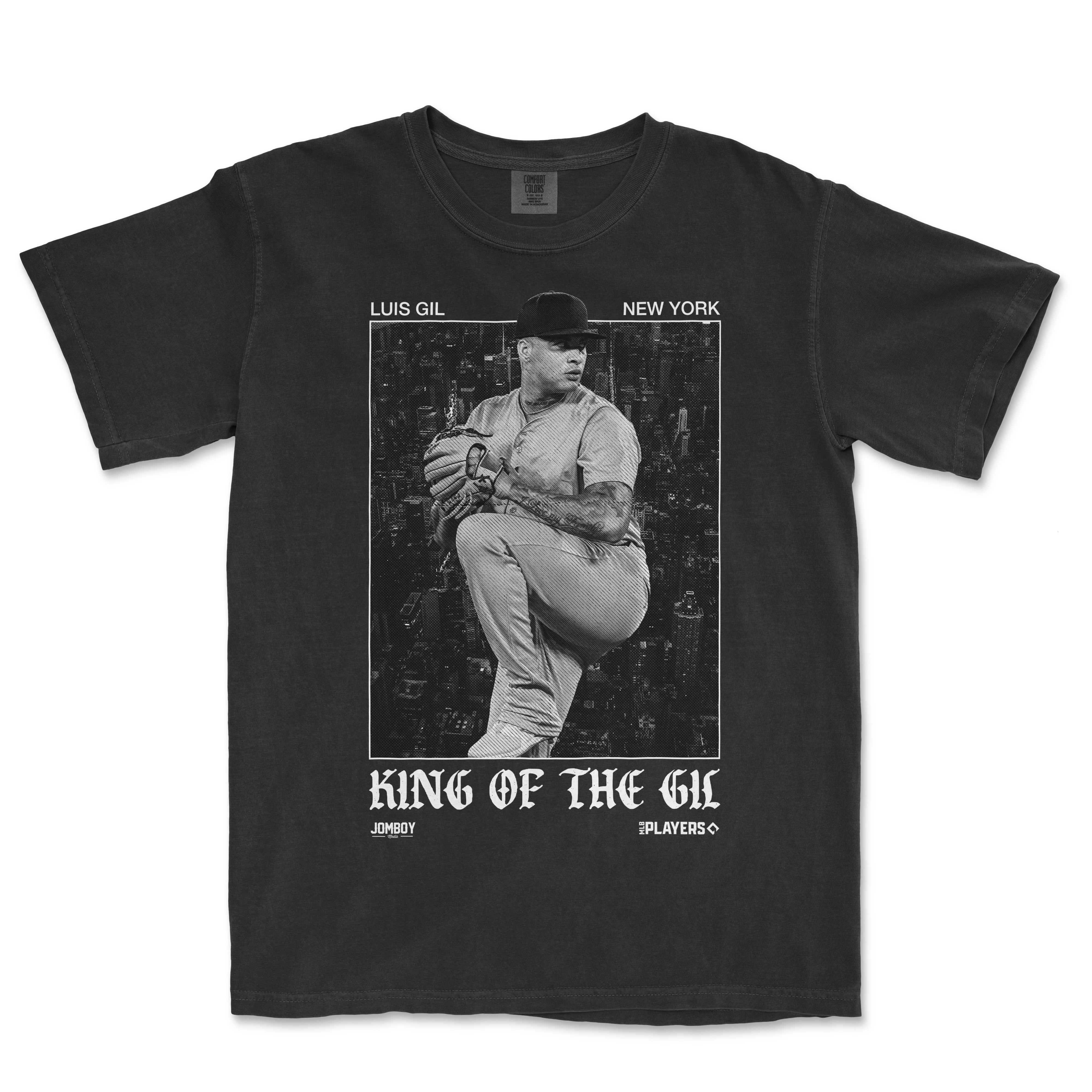 Black Comfort Colors T-shirt featuring a grayscale graphic of a baseball player with "King of the Gil" text and "Luis Gil New York" labels.