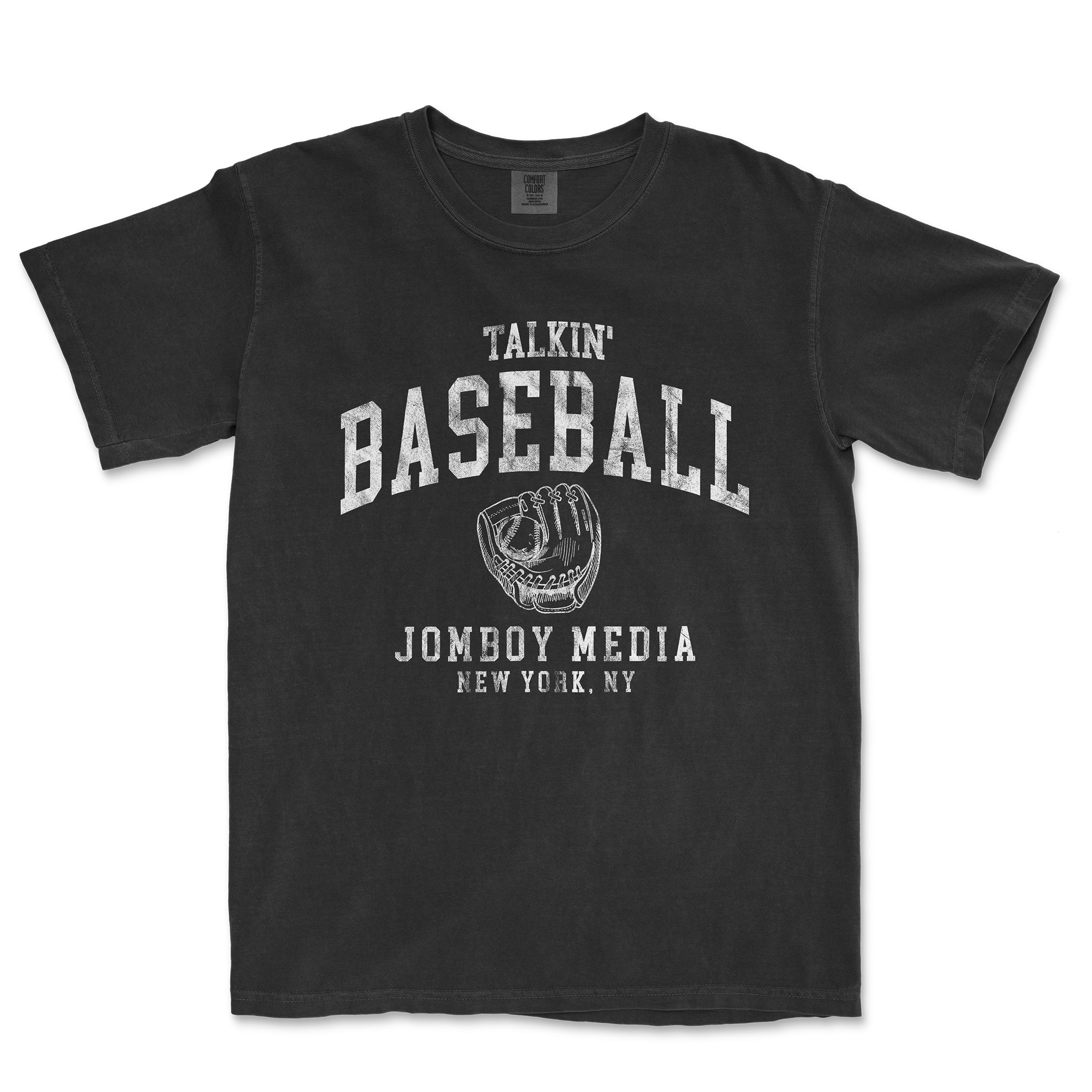 Black T-shirt with white distressed text and a baseball glove graphic, featuring "Talkin' Baseball 90's Edition" and "Jombo Media, New York, NY.