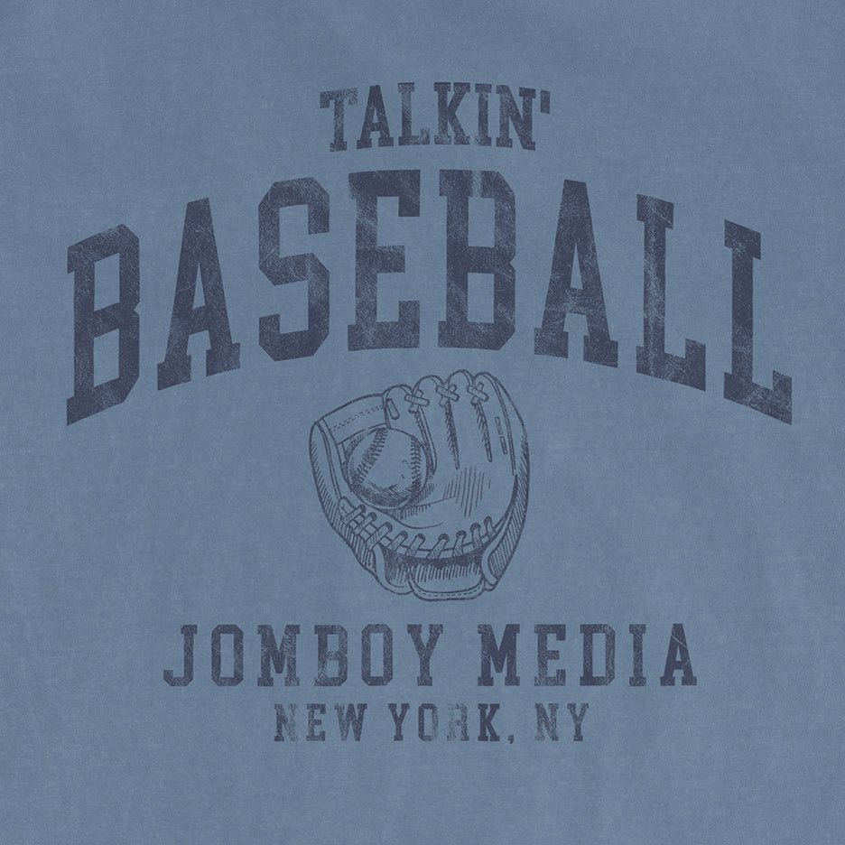 Blue packaging for "Talkin' Baseball 90's Edition" by Jomboy Media, featuring a baseball glove and ball illustration.
