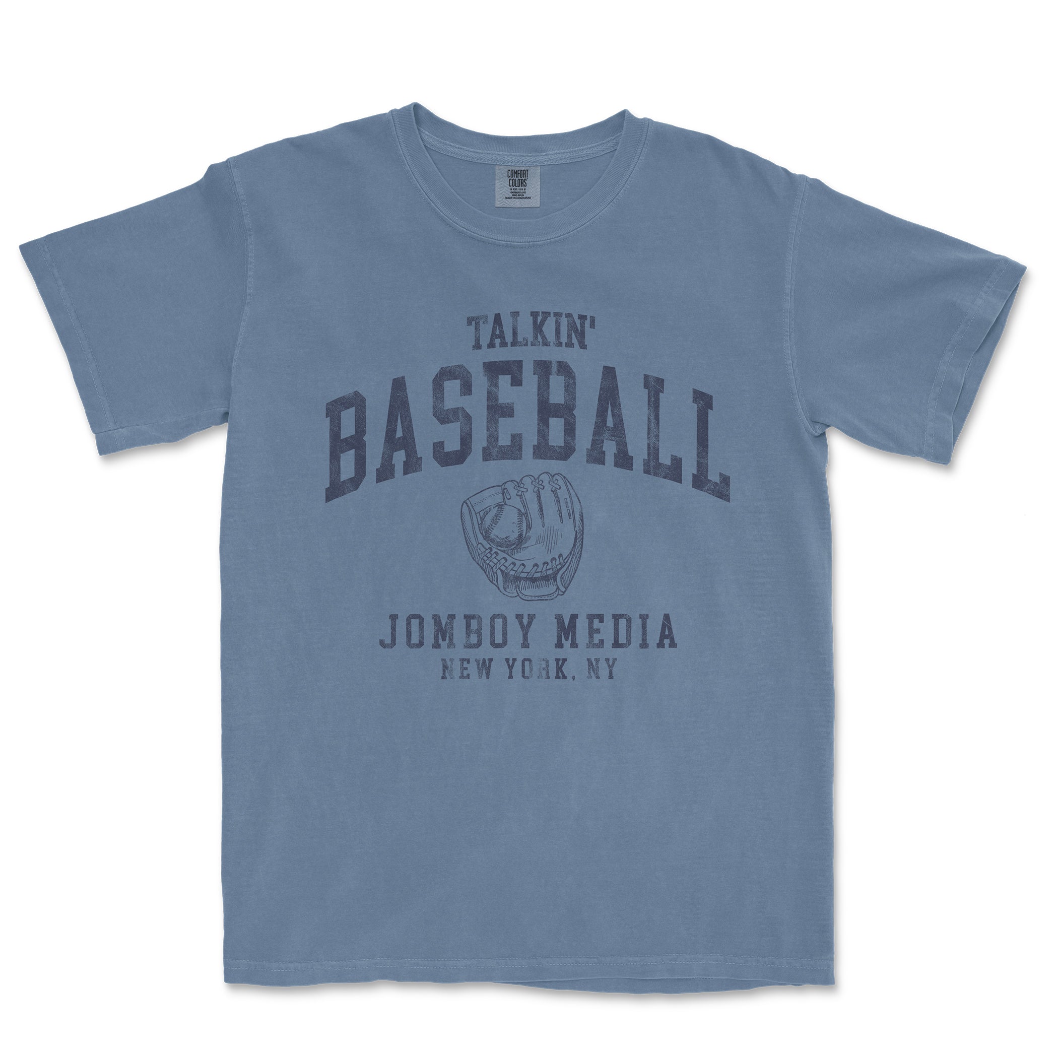 Blue T-shirt featuring vintage-style "Talkin' Baseball 90's Edition" text, a baseball glove illustration, and "Jombo Media, New York, NY" printed on the front.