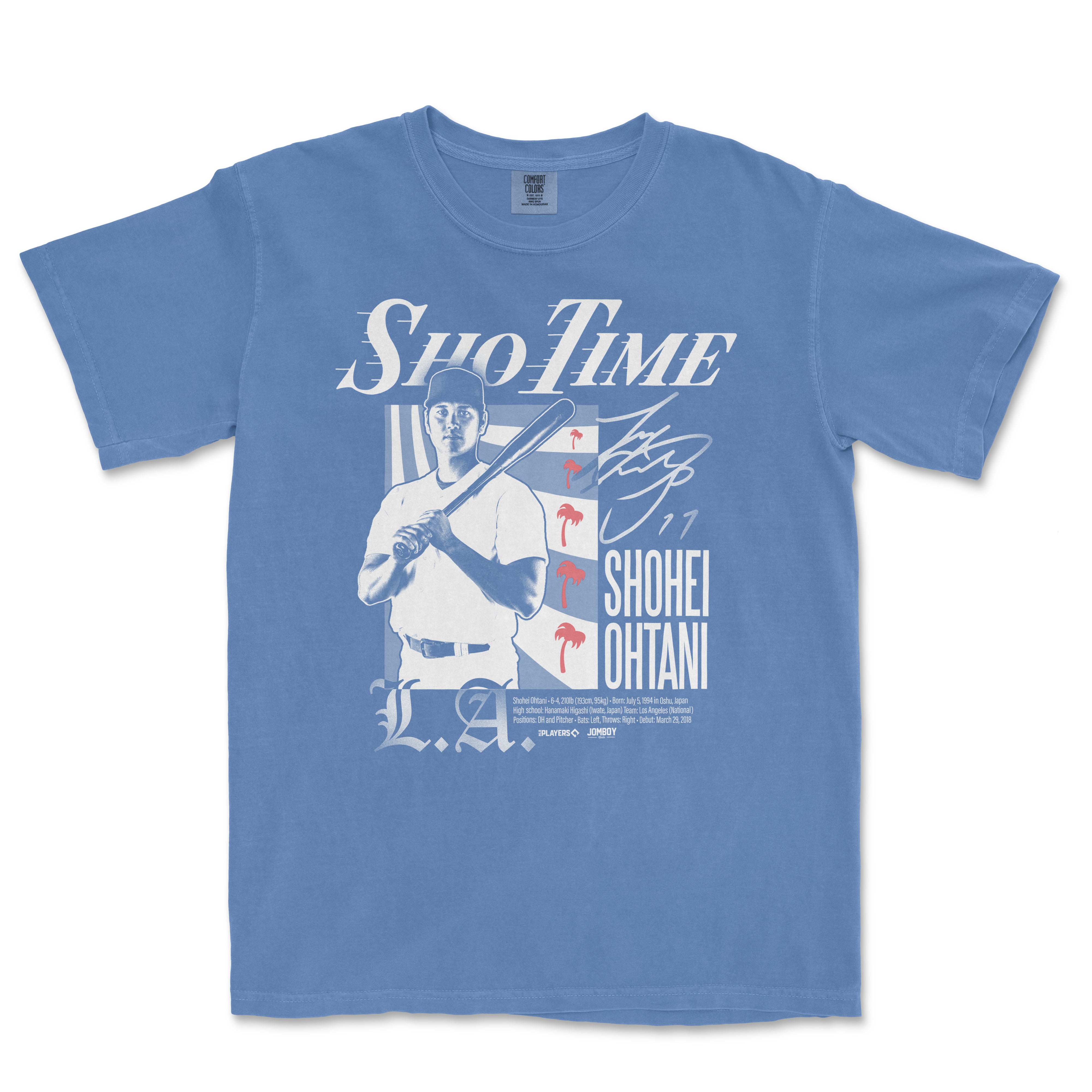 Blue T-shirt featuring a graphic of Shohei Ohtani holding a baseball bat, with "Sho-Time" text and red flamingo accents.