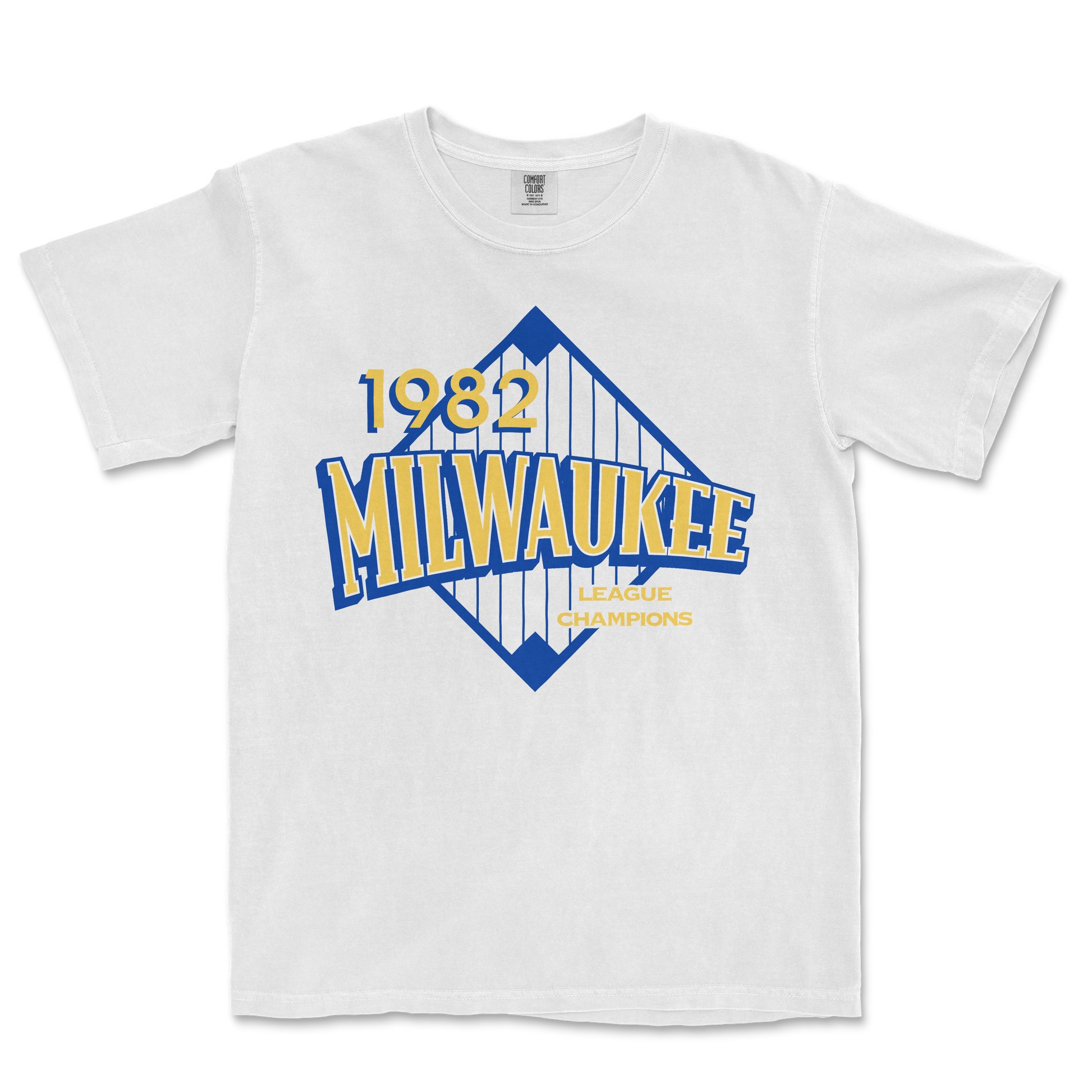 White Comfort Colors T-shirt featuring a vintage Milwaukee Brewers 1982 league champions graphic design in blue and yellow.