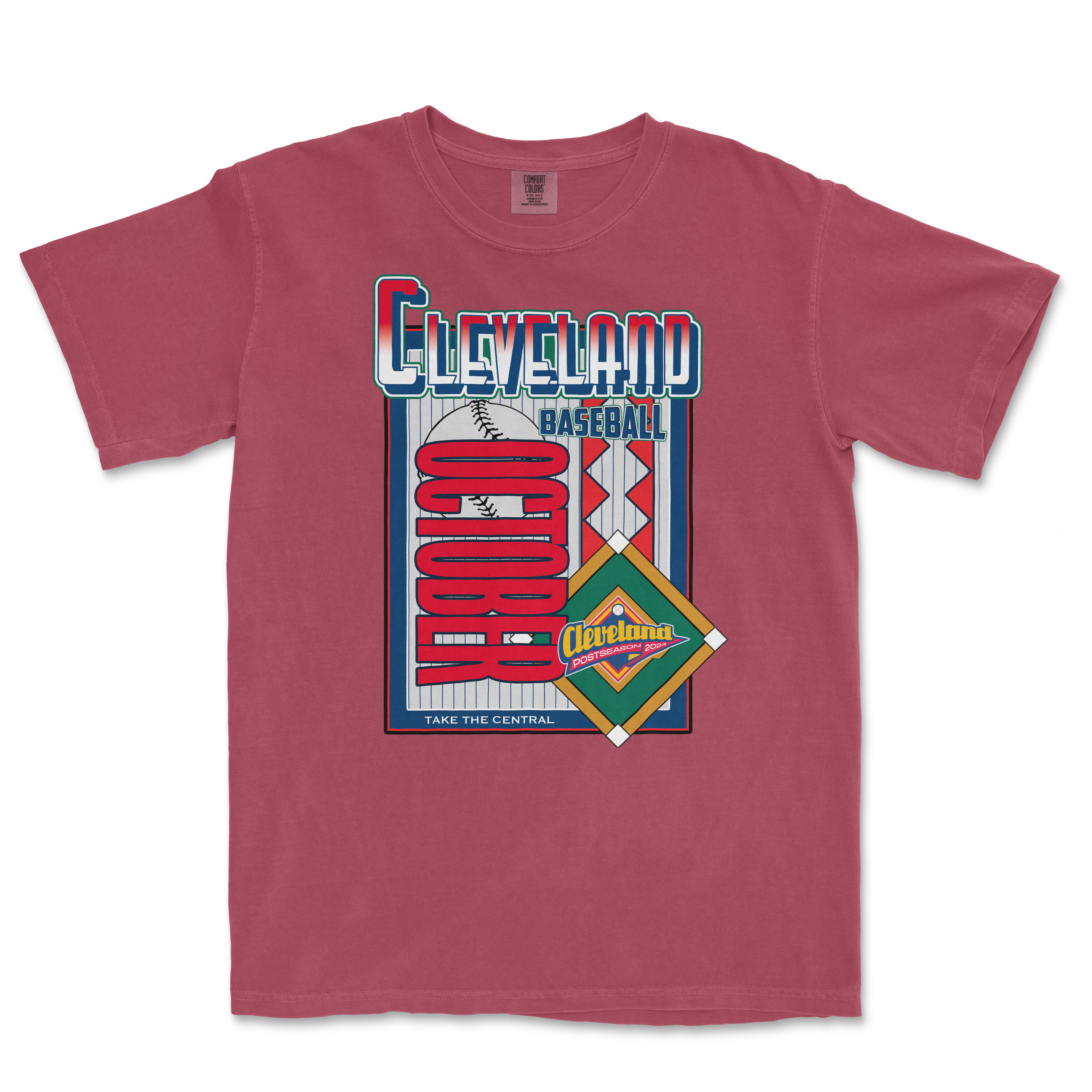 Pink Comfort Colors Cleveland October baseball T-shirt with colorful graphic design and team logo.