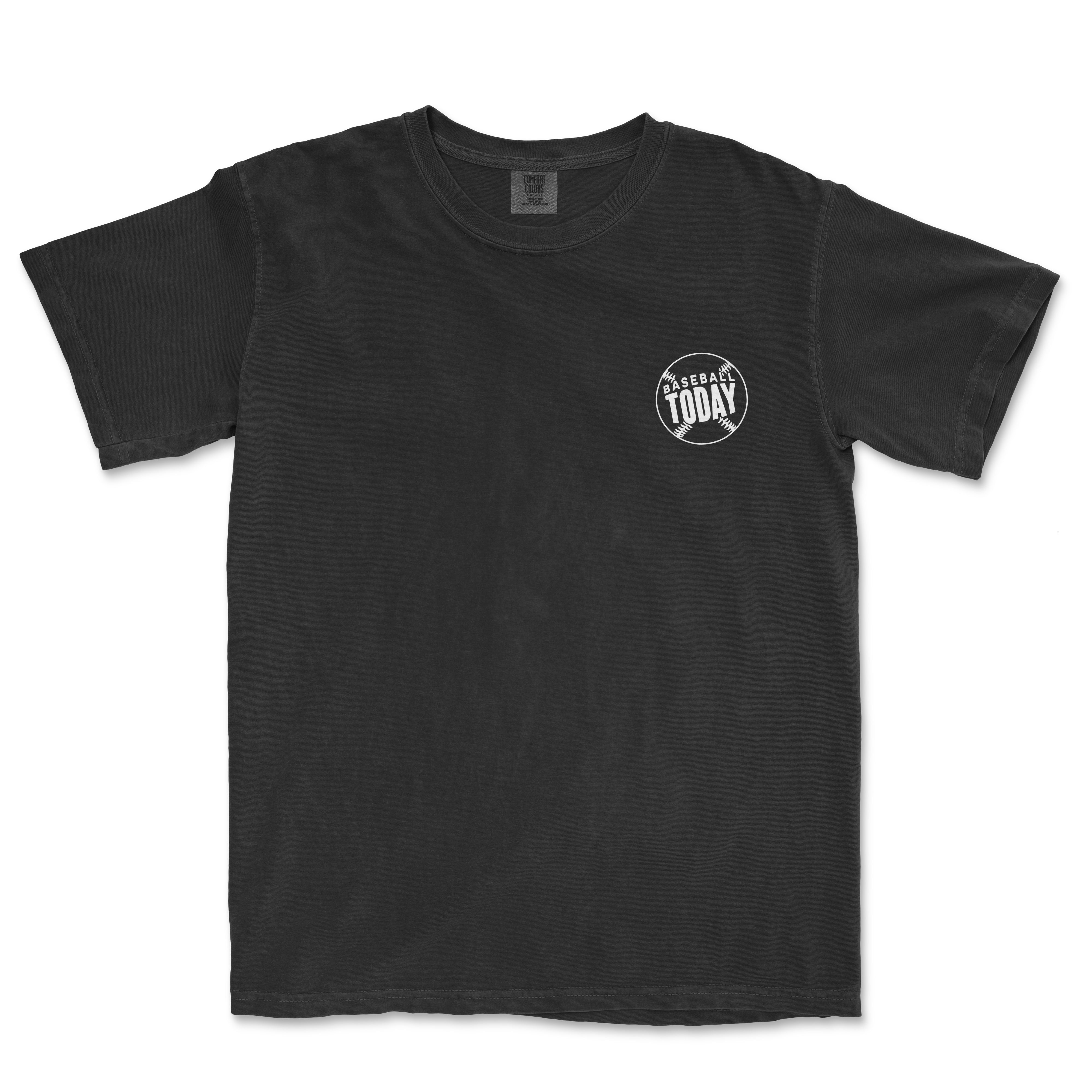 White monochrome Comfort Colors vintage tee featuring a small "Baseball Today" logo on the upper left chest.