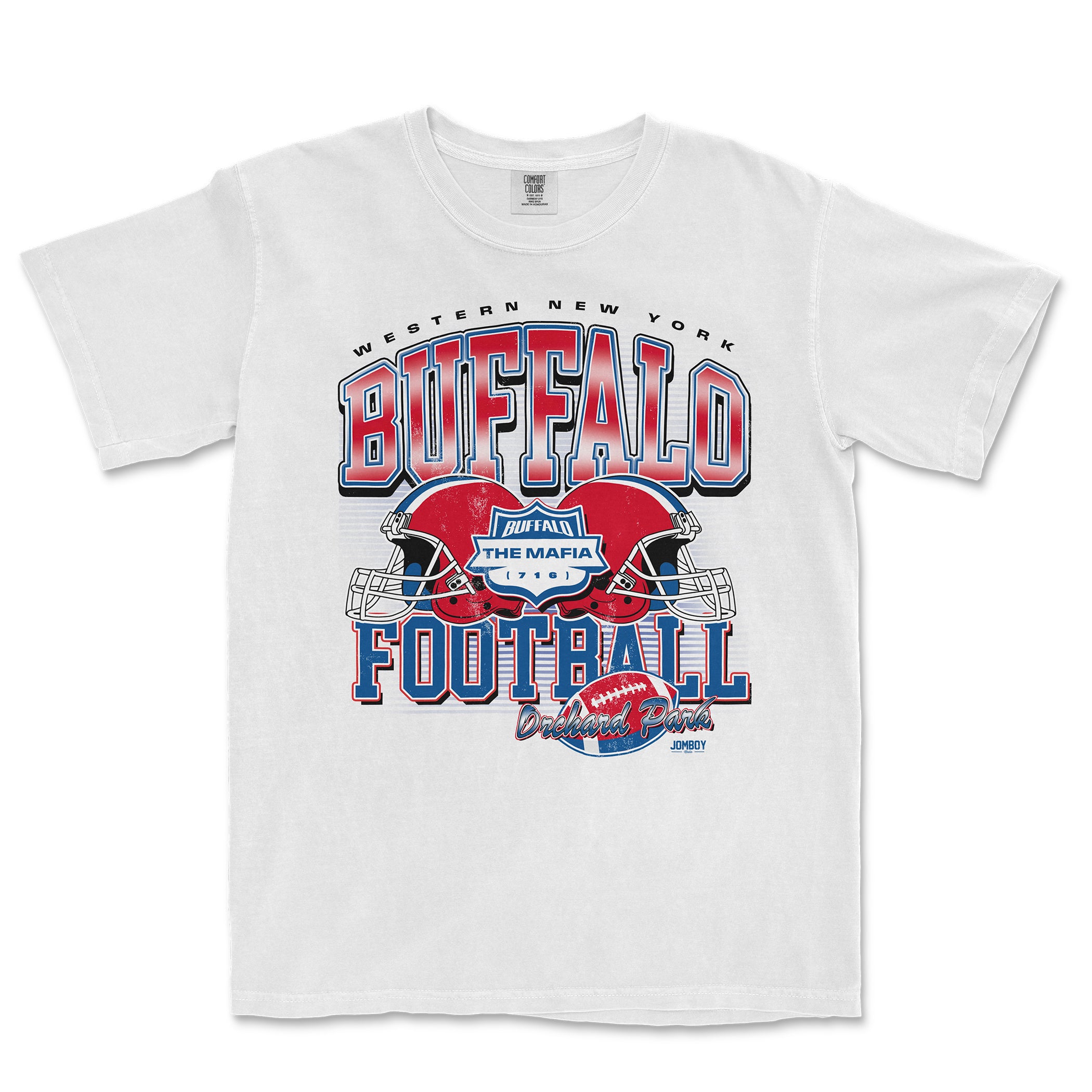 White T-shirt featuring a colorful graphic design with football helmets, text, and logos related to Buffalo football and Orchard Park.