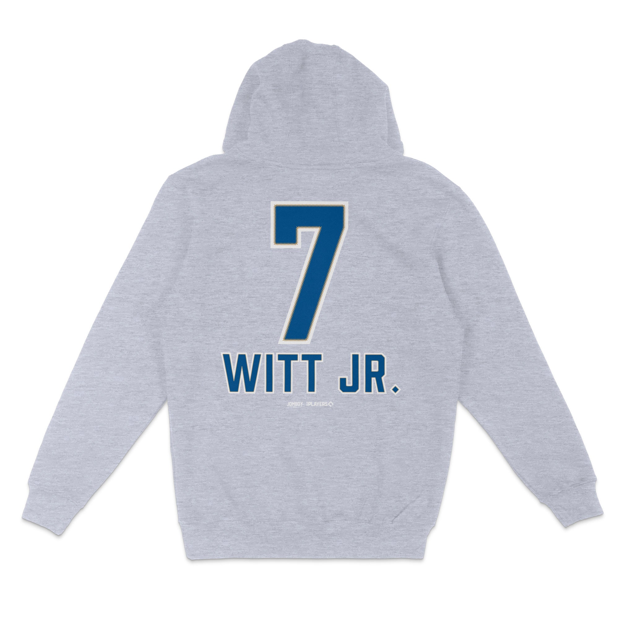 Gray pullover fleece hoodie featuring the name "WITT JR." and the number 7 on the back, perfect for sports fans.