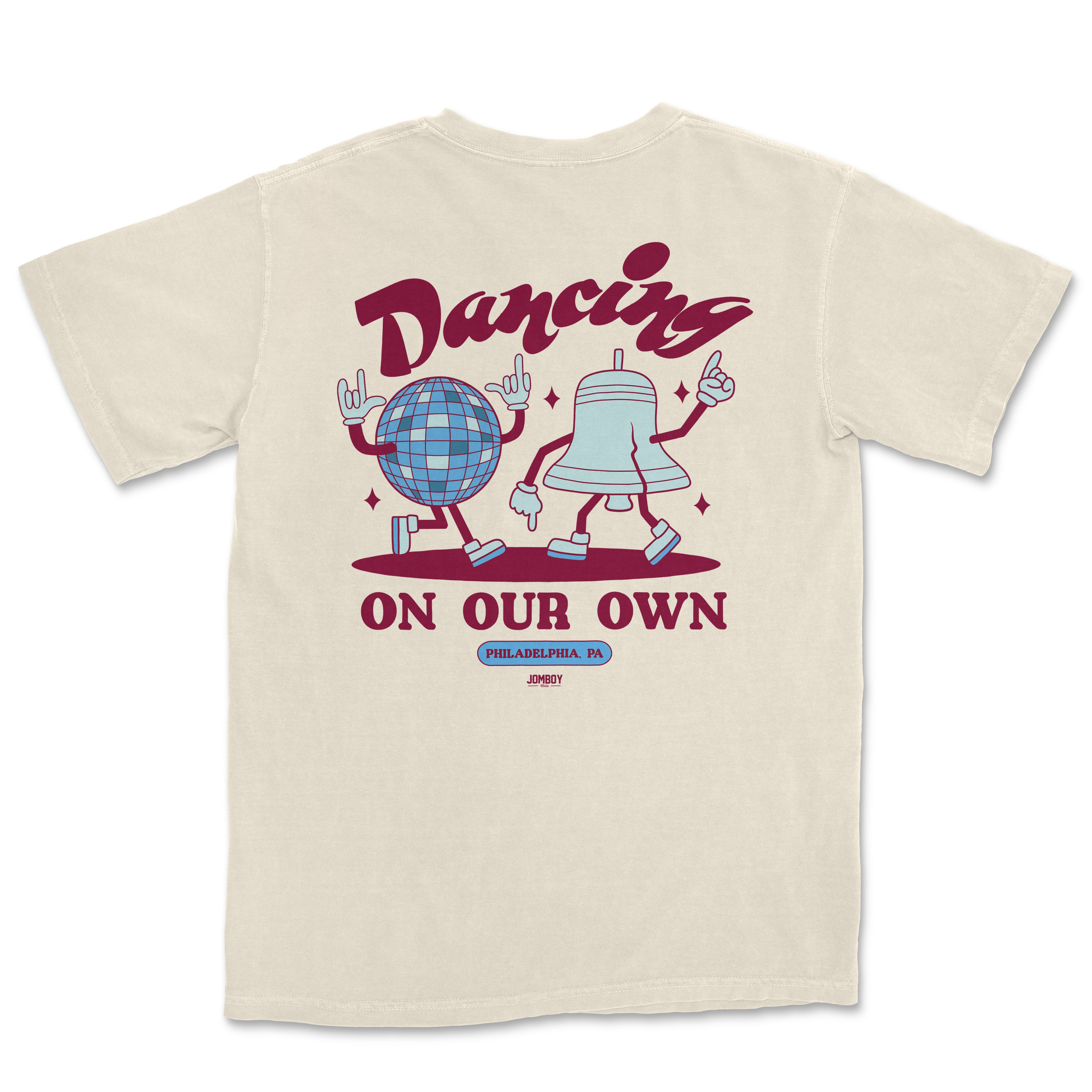 Comfort Colors tee featuring animated dancing disco ball and bell characters with "Dancing on Our Own" text and Philadelphia, PA label.