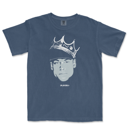 Comfort Colors blue T-shirt featuring a graphic of Aaron Judge wearing a crown, with the text "King of New York" and "Players" below.
