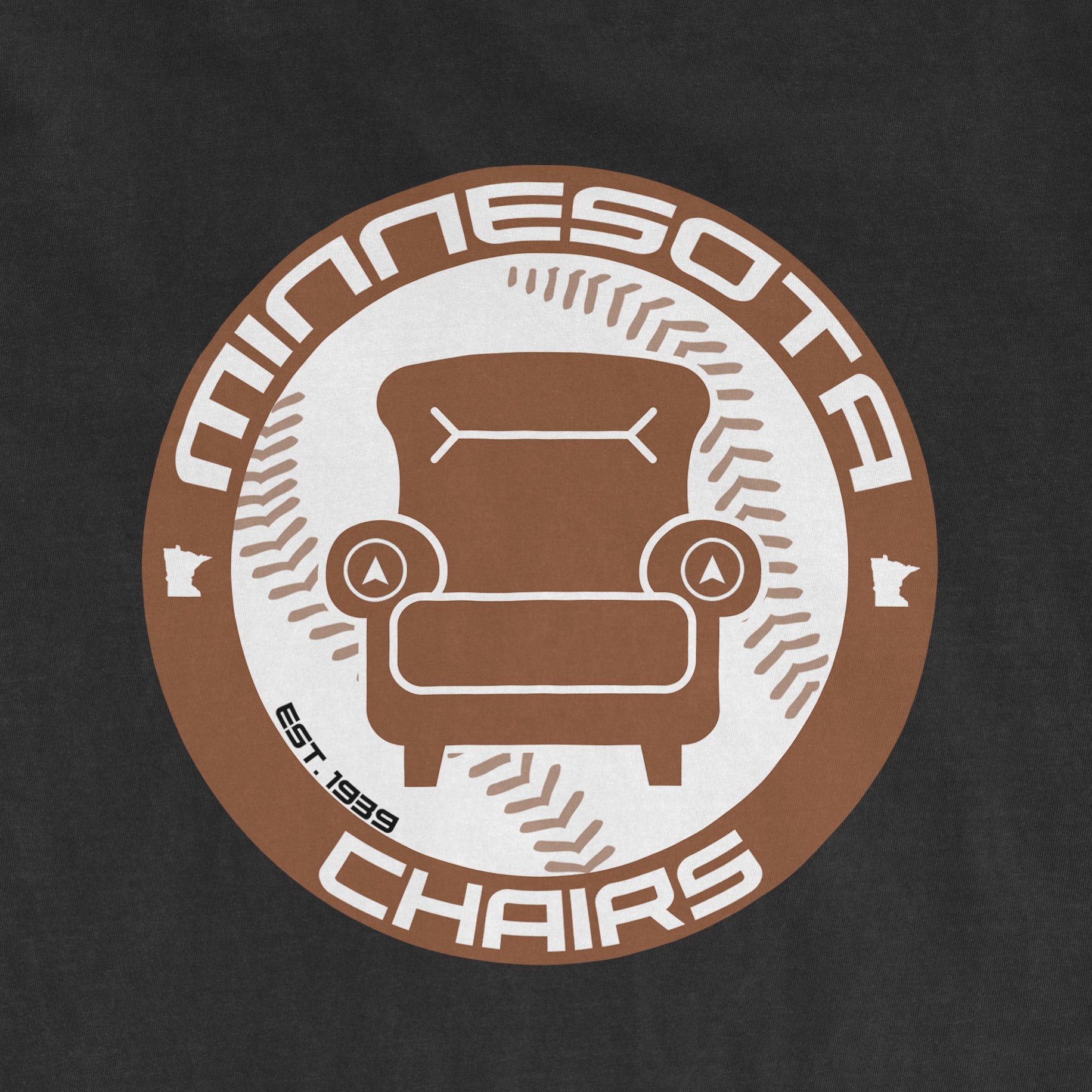 Design featuring a vintage armchair with circular arrow accents, surrounded by "Minnesota Chairs" and "We Got Ice" text.