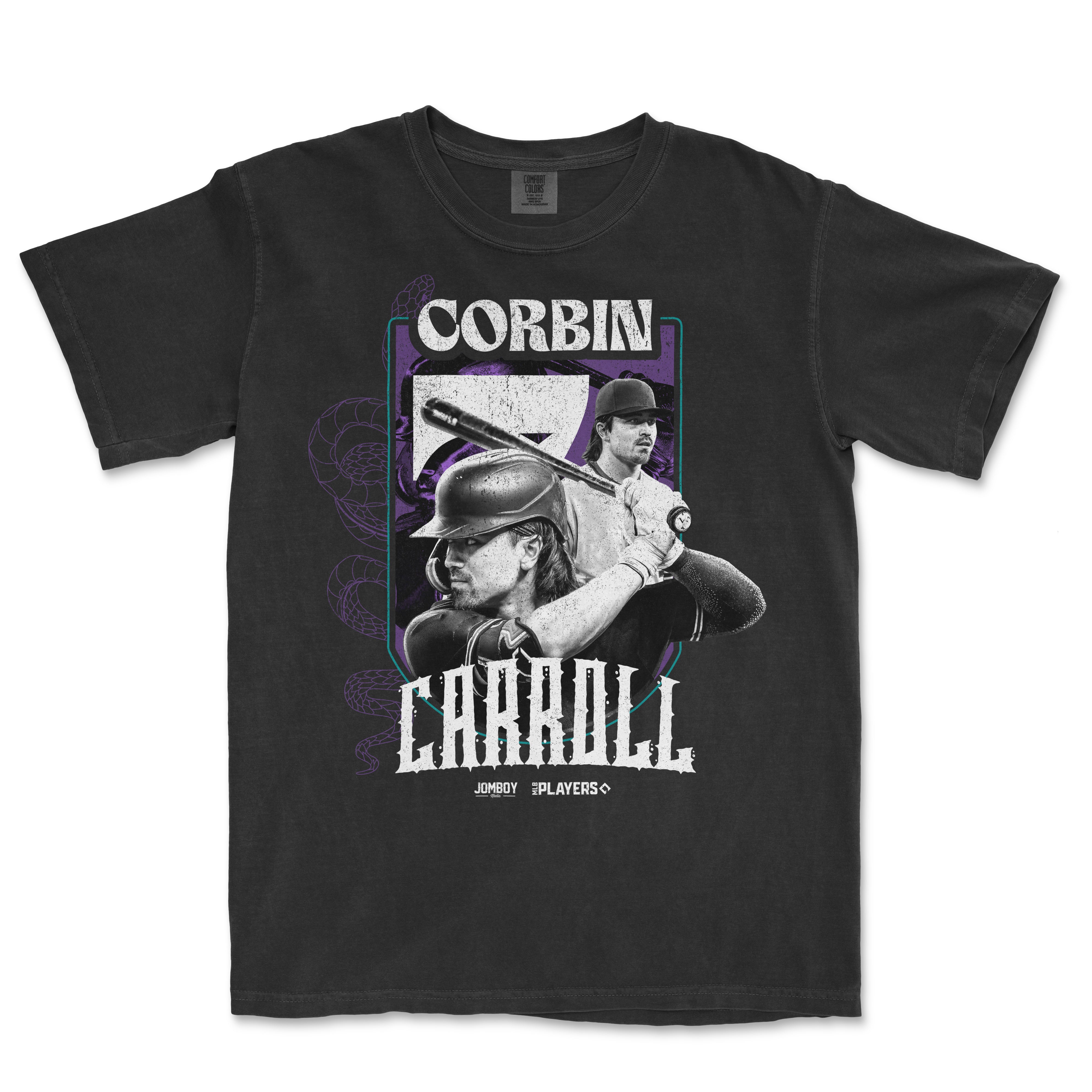 Black T-shirt featuring black-and-white images of Corbin Carroll with a purple snake illustration in the background and bold white text.