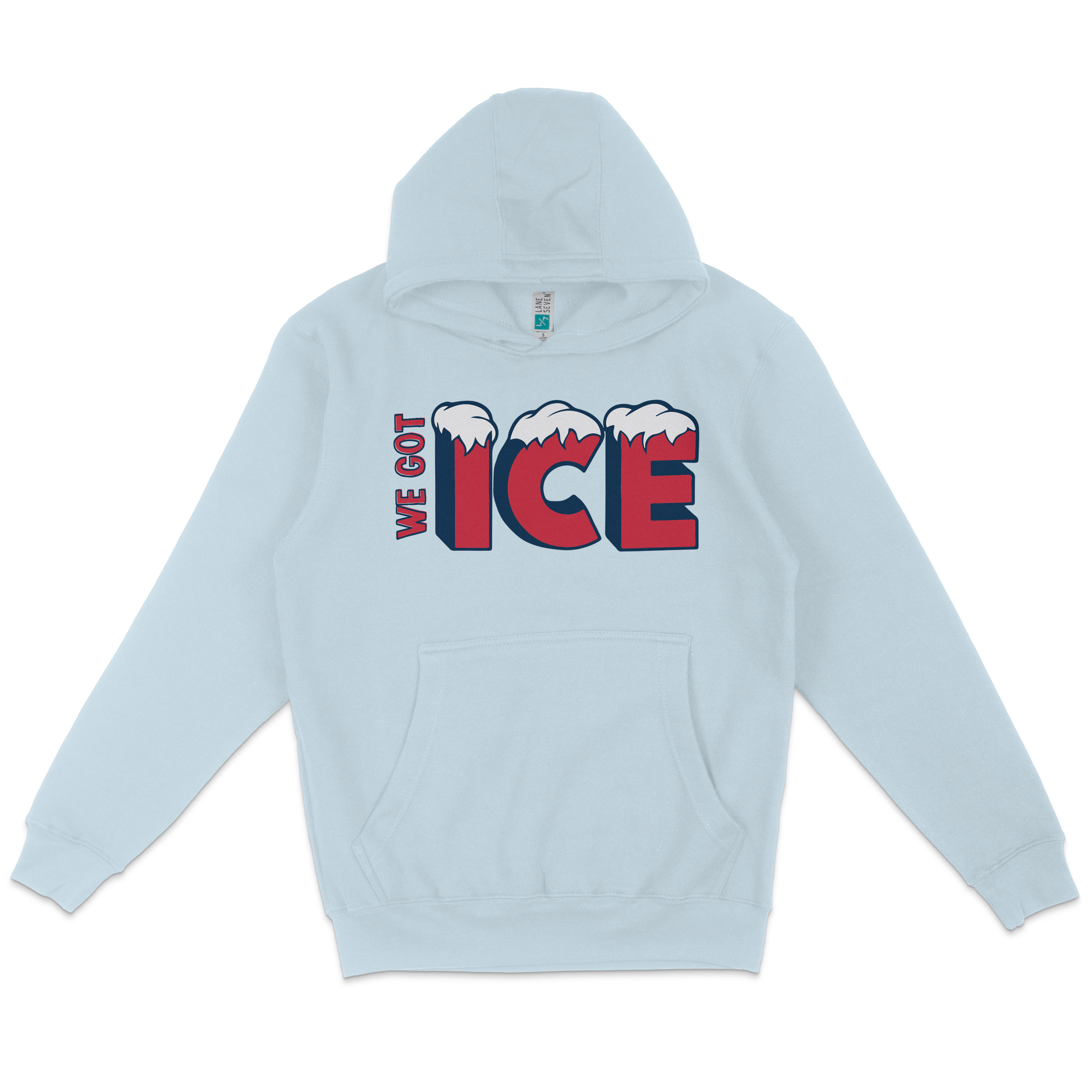 Light blue pullover hoodie featuring a bold "We Got Ice" logo with red, navy, and white ice-capped letters on the front.
