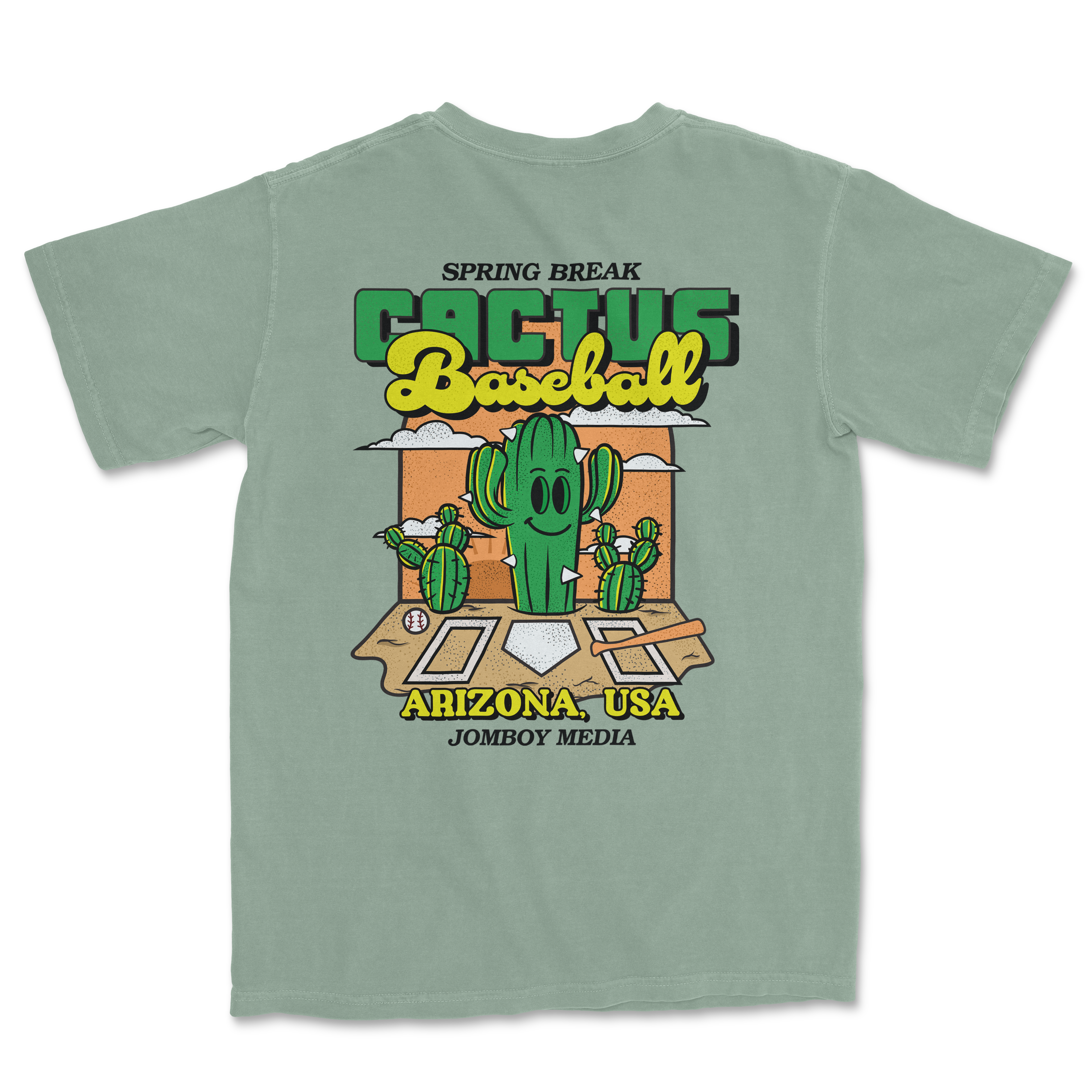 Light green Comfort Colors T-shirt featuring a cactus character playing baseball, with text "Cactus Baseball" and "Arizona, USA".