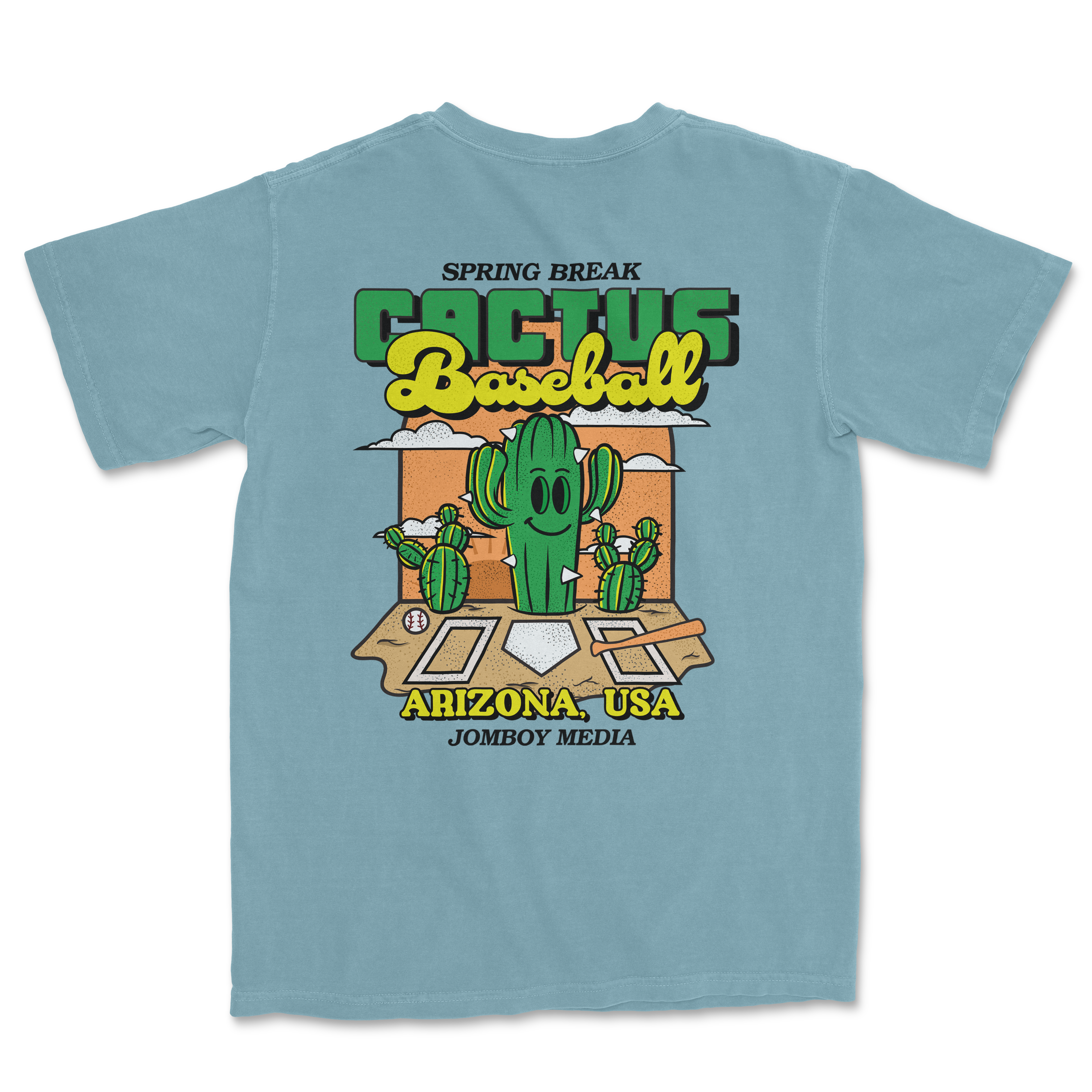 Light blue Comfort Colors T-shirt featuring a cactus cartoon playing baseball, with text "Cactus Baseball" and "Arizona, USA".