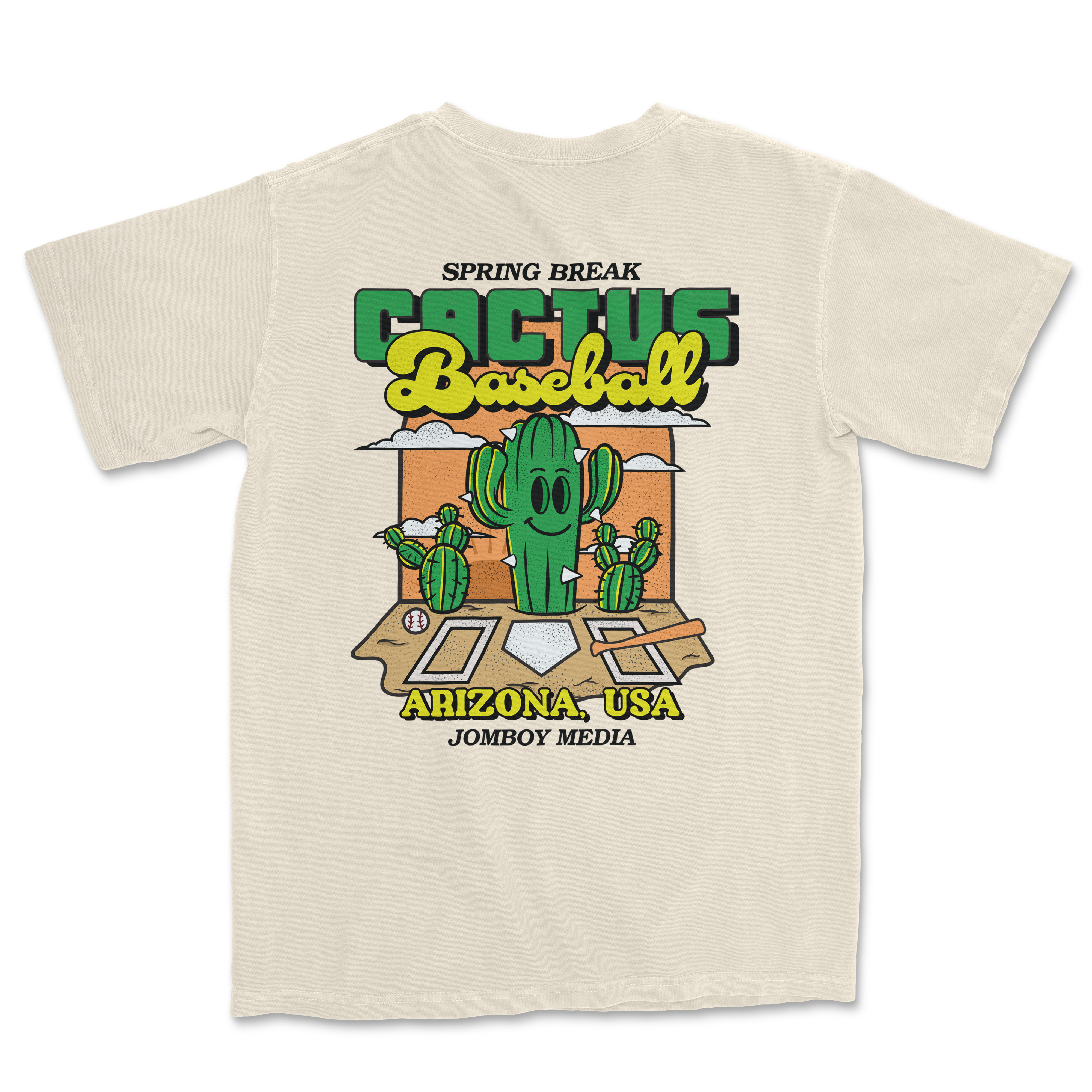Comfort Colors tee featuring a cactus with a baseball theme, Arizona location, and playful graphic design.