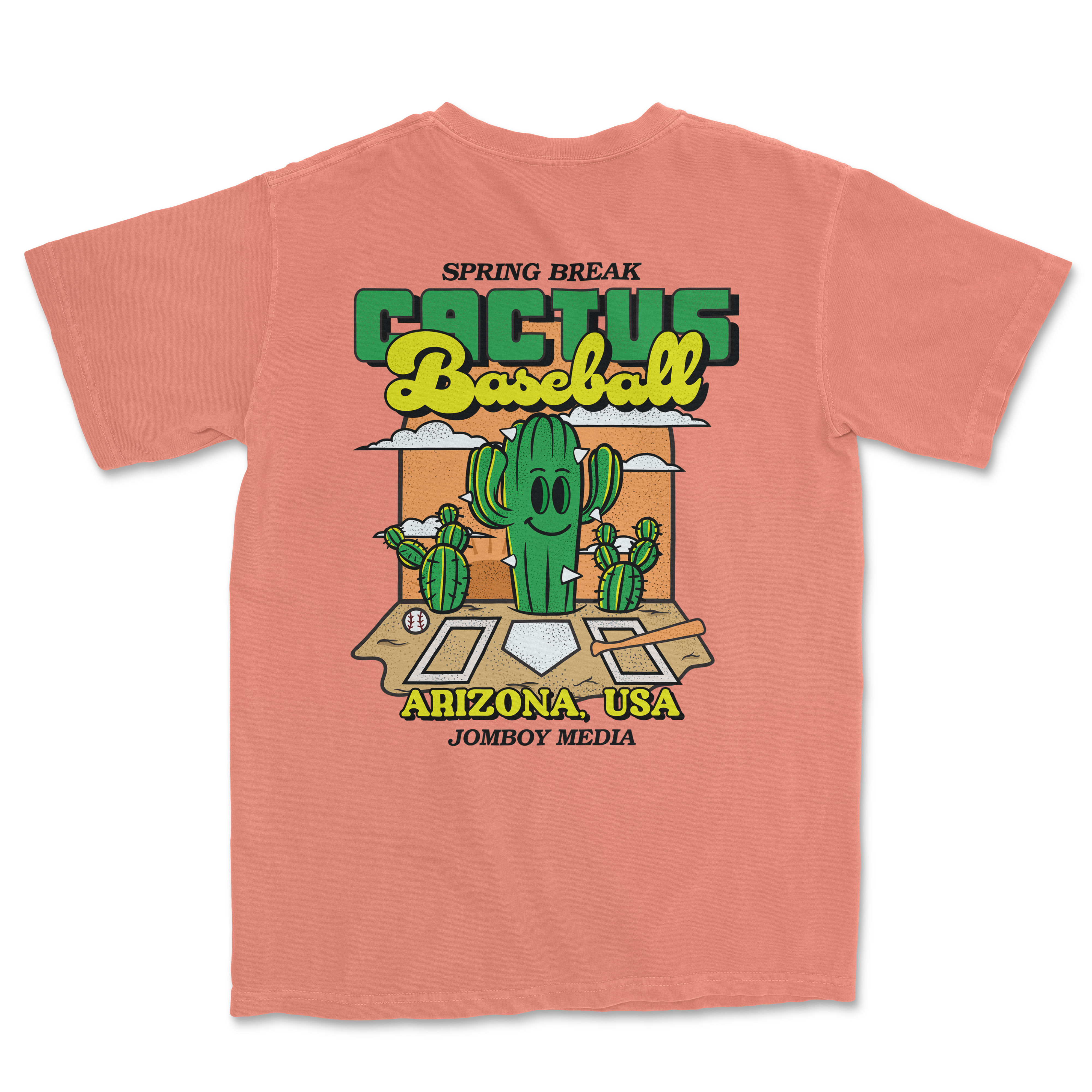 Pink Comfort Colors T-shirt featuring a cactus character playing baseball, with "Cactus Baseball" and "Arizona, USA" text.
