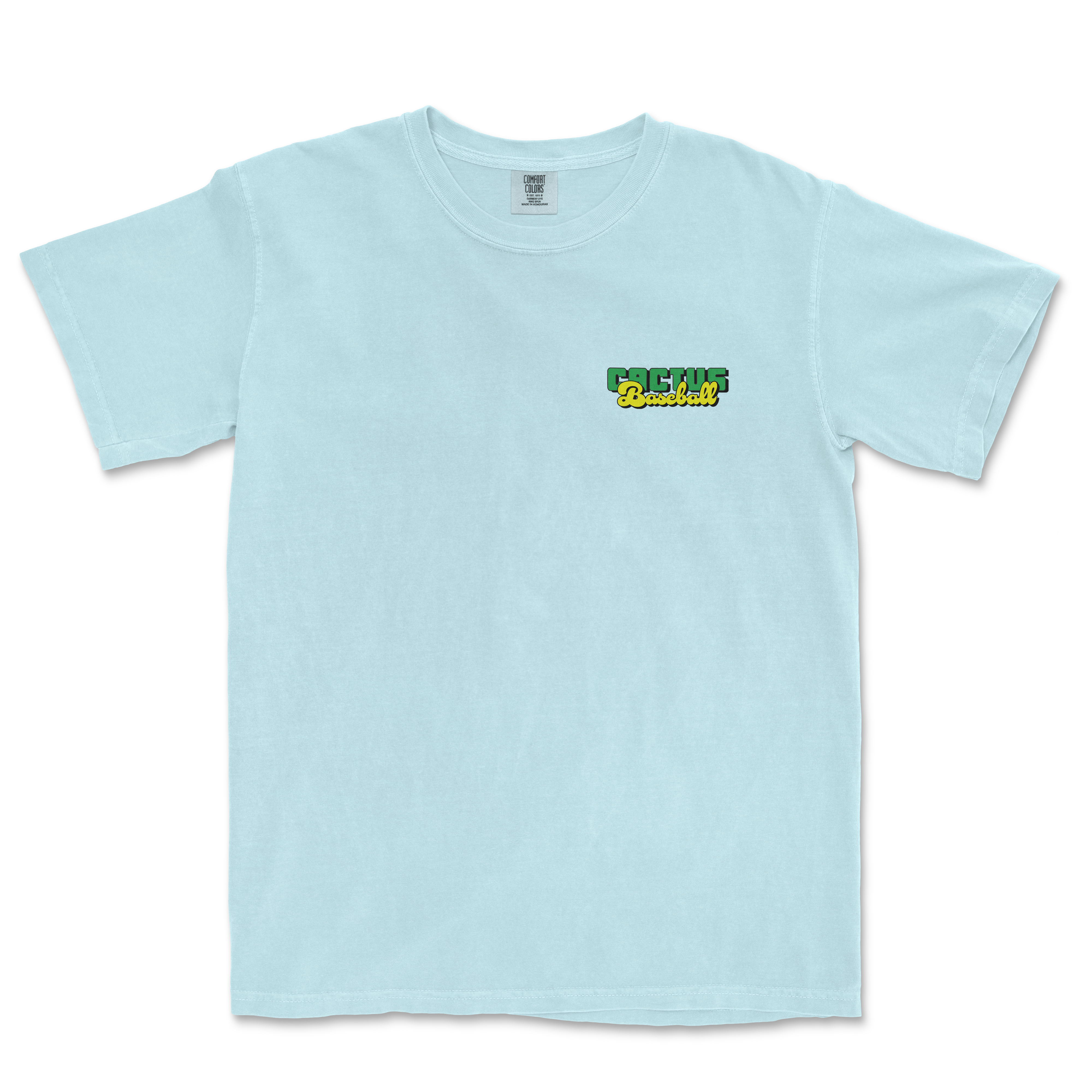 Light blue Comfort Colors T-shirt with a small "Cactus Baseball" logo in green, yellow, and black on the upper left chest.
