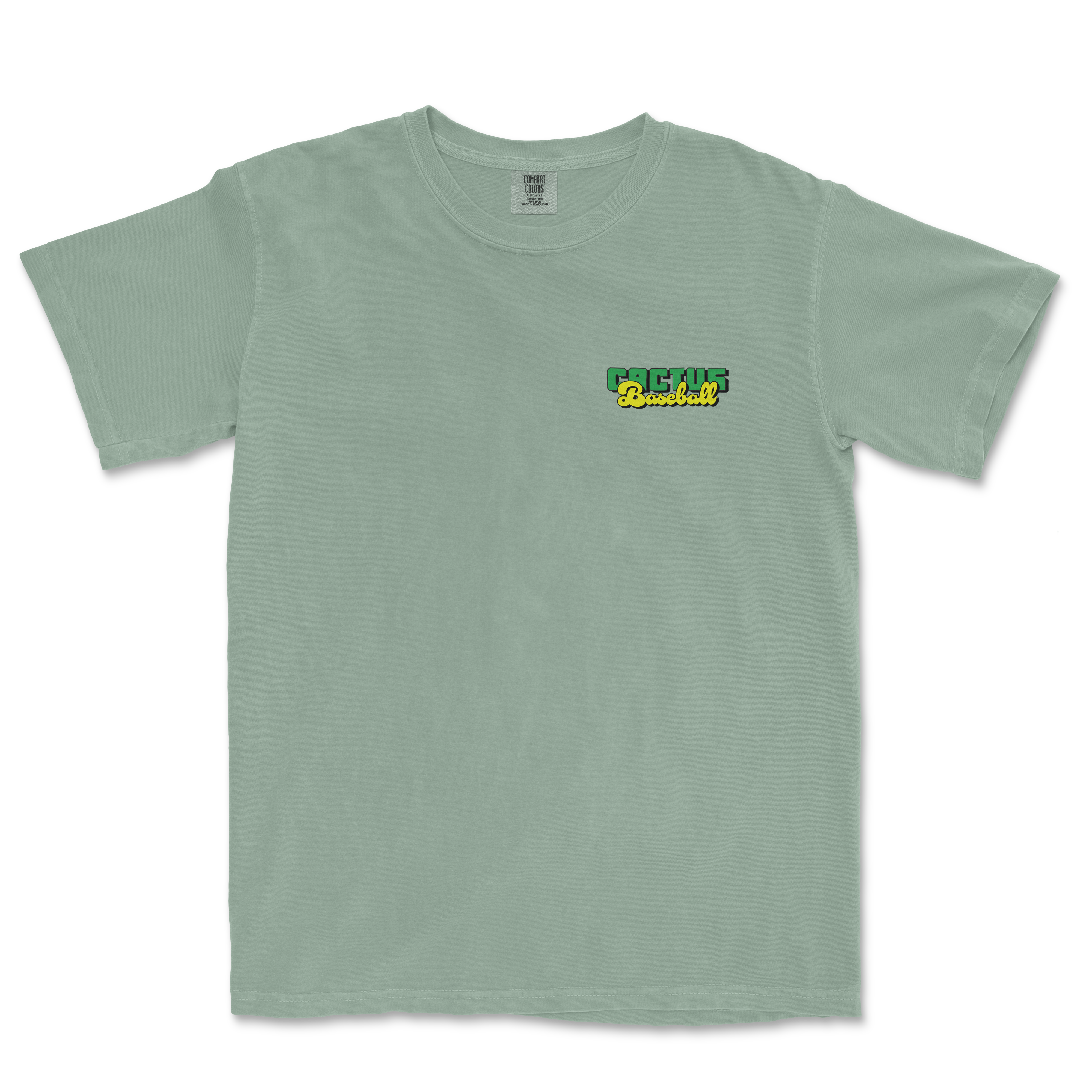Light green Comfort Colors T-shirt with a small "Cactus Baseball" logo in green, yellow, and black on the upper left chest.